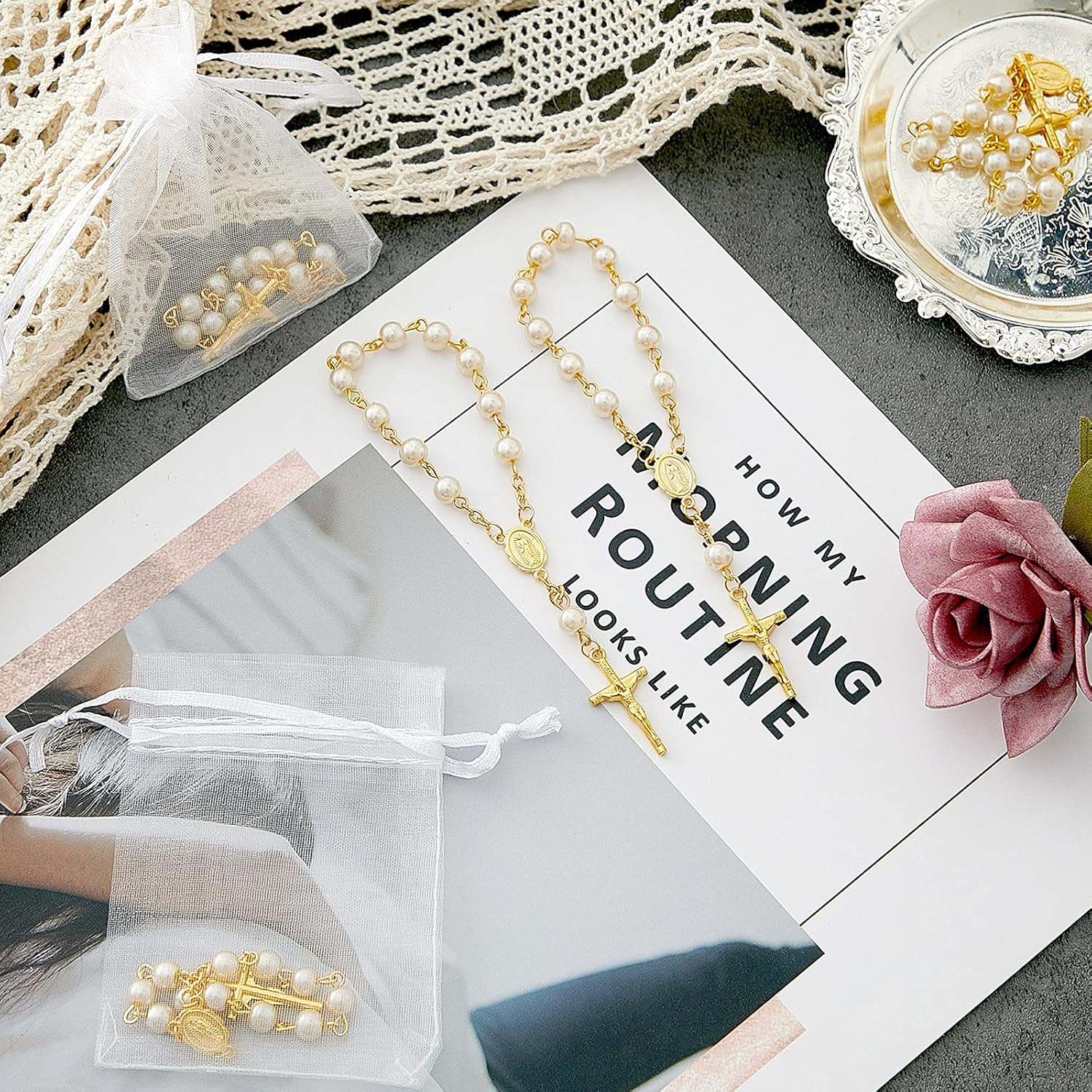 Junkin 30 Pieces Baptism Rosary Acrylic Rosary Beads Ivory Color Mini Finger Baptism Rosaries Gold Plated Faux Pearls with Organza Bags for Christening Weddings Party Favors