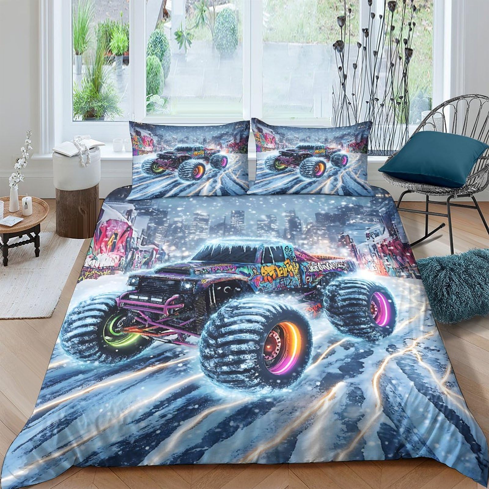 GPLZQXKJNH 3D Printed Monster Truck Duvet Cover Microfiber Soft Breathable Lightning Racing Bedding Set with 2 Pillowcases for Bedroom Decor Single（135x200cm）
