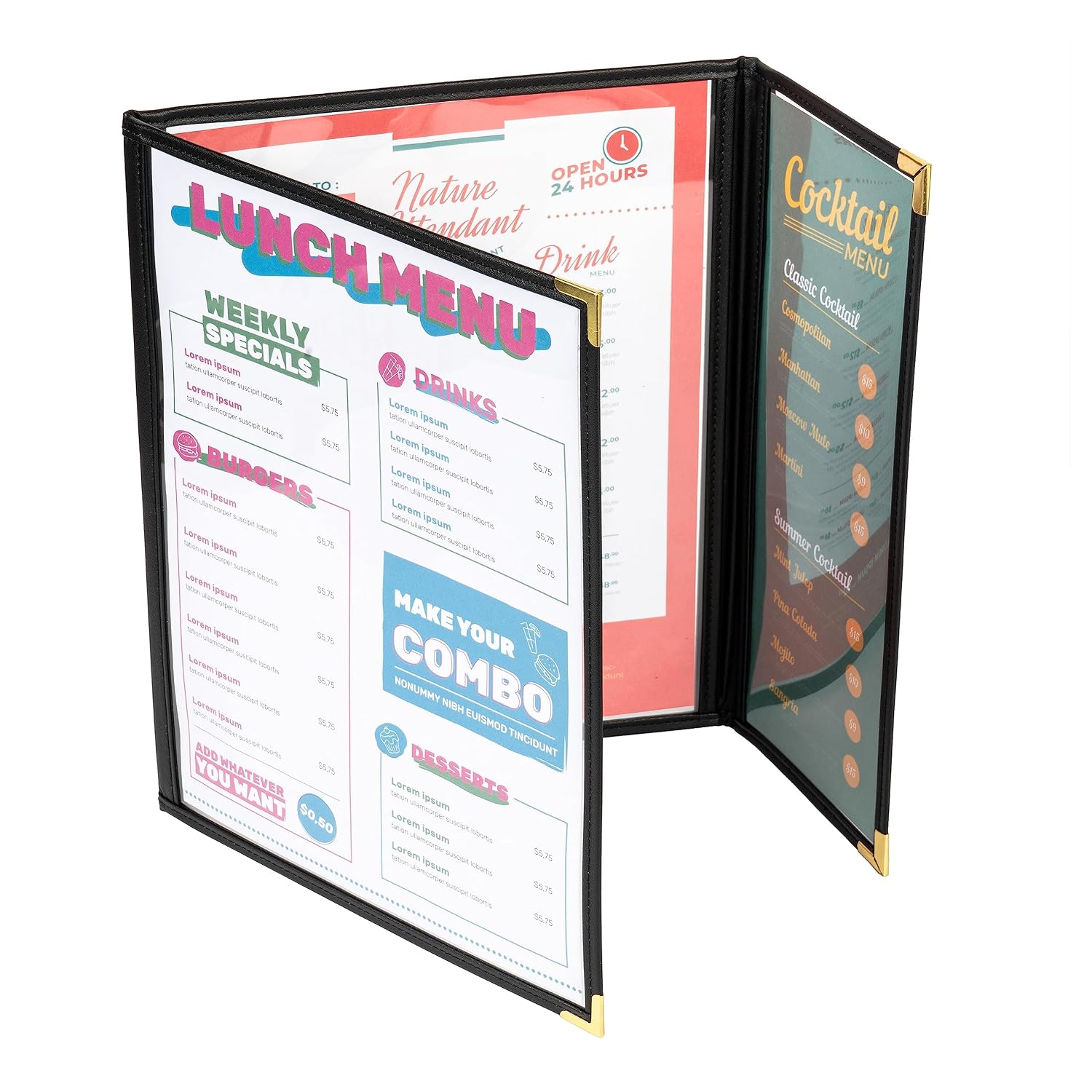 Menu Covers, Double Fold and A Half, 8.5" x 11", Pack of 6 | 3 Pockets, 6 View, fit 8.5" x 11" Letter Size & 4.25" x 11", Black Edging + Gold Metal Corner, Made with Leatherette & Vinyl