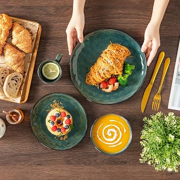vancasso Starry 16 Pieces Green Dinnerware Set, Reactive Change Glaze Dinner Set, Plates and Bowls Set