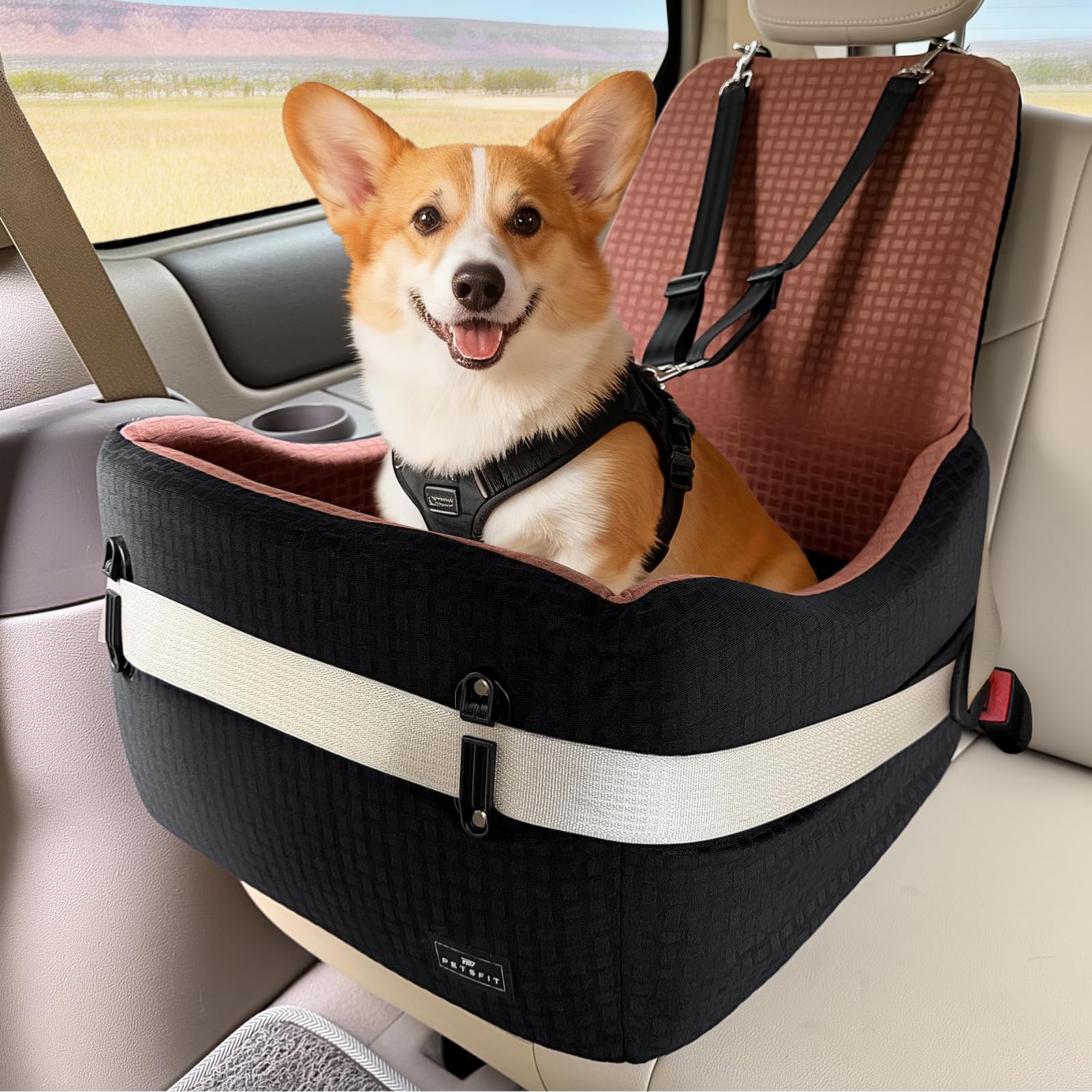 PETSFIT Seggiolino Auto per Cani di Taglia Piccola/Media fino a 15 kg – Sistema di Sicurezza Brevettato, Rialzo con Memory Foam da 13 cm, Sfoderabile e Lavabile, 2 Tasche Portaoggetti (Nero & Marrone)
