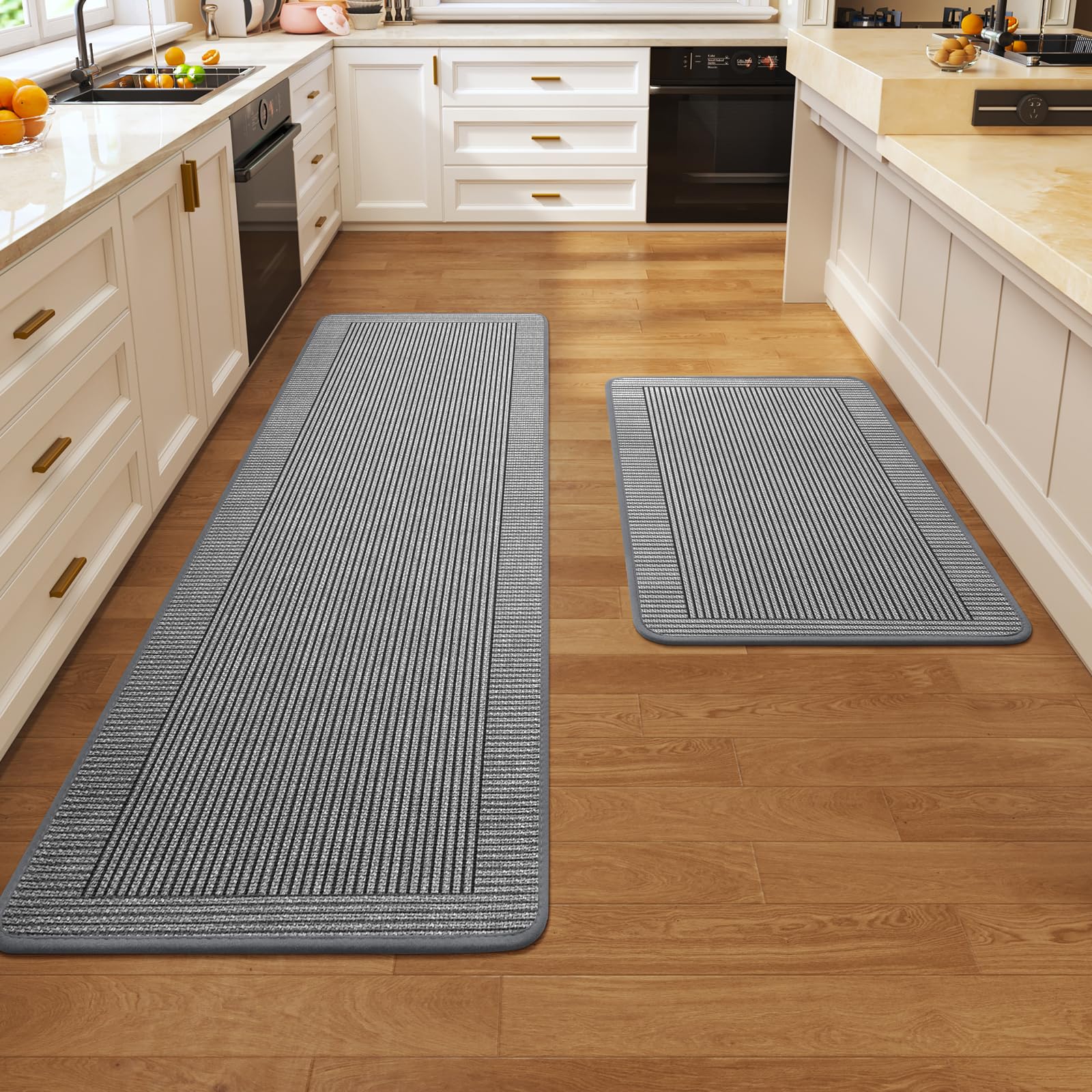 Quqei 2 Pieces Kitchen Rugs Set, Non Slip Washable, 43x75+43x150 CM Grey