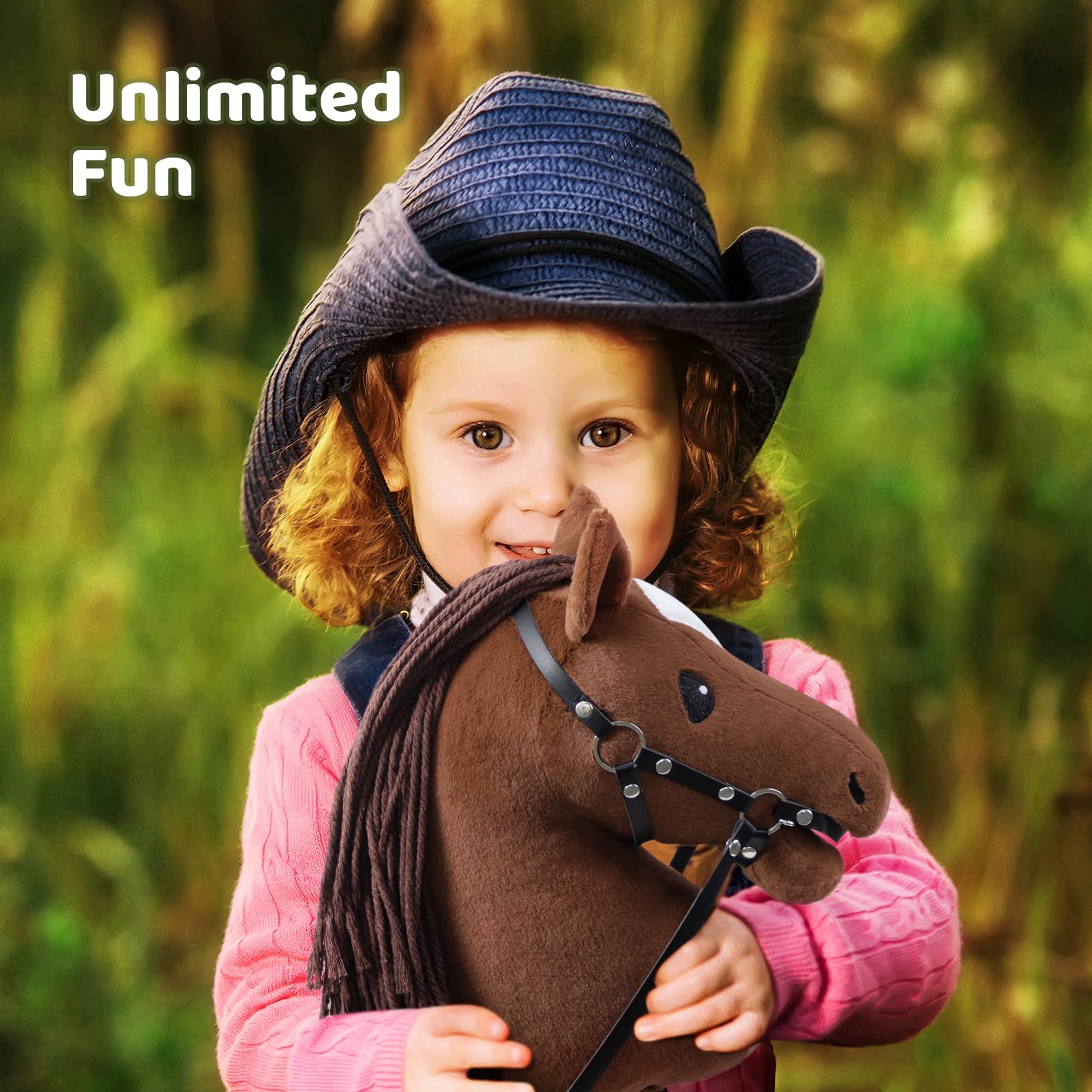 BEJOY Steckenpferd Spielzeug Pferd, Hobby Horse Holzpferd Plüschpferd zum Reiten für Kinder mit Halfter und Trense, Dunkelbraun