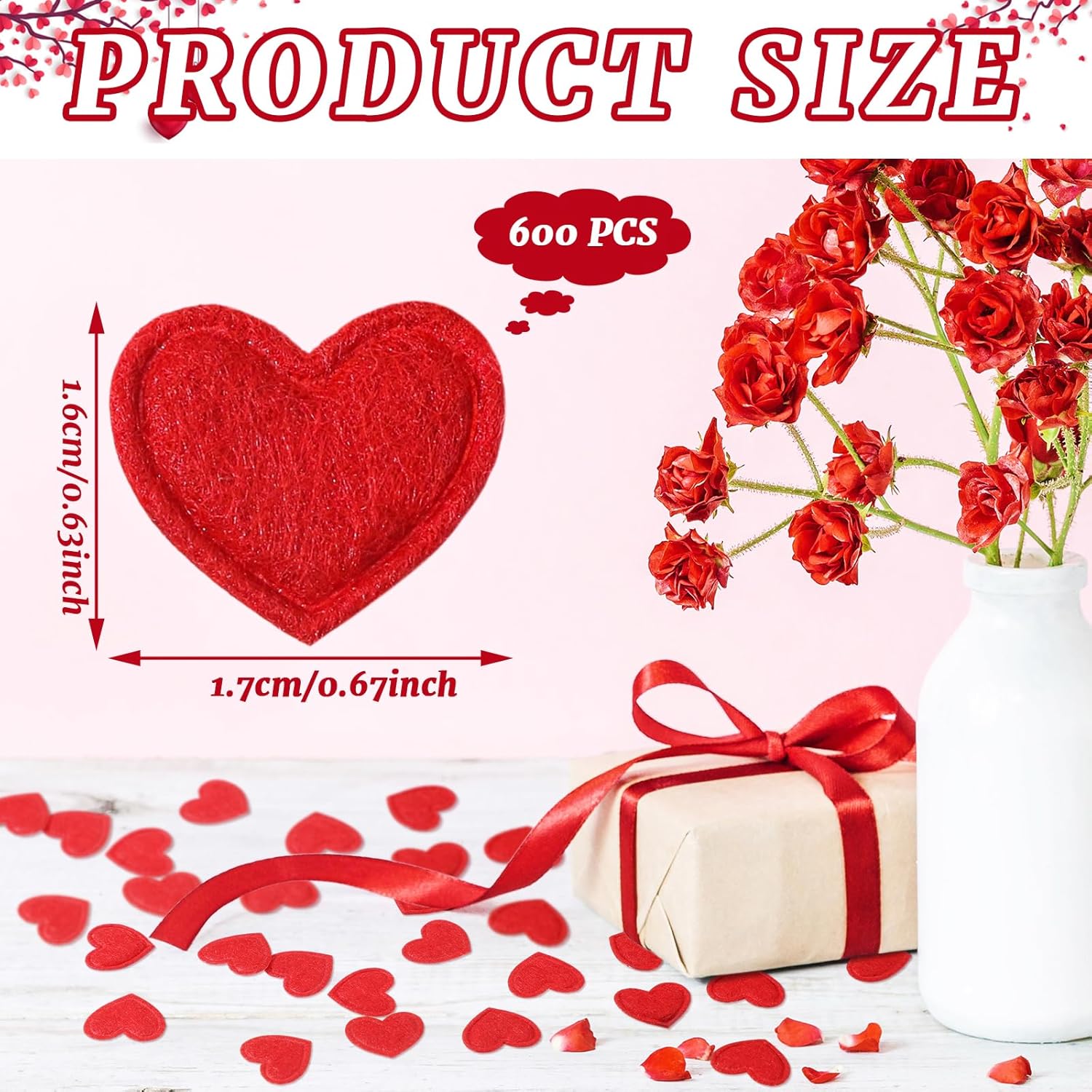 600 Pcs Valentines Felt Hearts Decoration 0.67 Inch Mini Heart Shapes Decorative Confetti Bulk Felt Stickers Colorful Craft Cute Small for DIY Crafts Wedding Decor(Red)