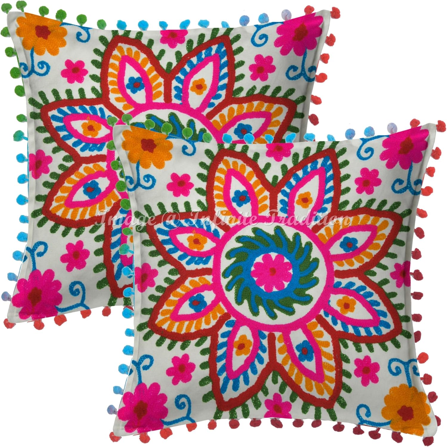 Ethnic Chair Seat Throw Pillow Cover 16x16 Suzani Embroidered White Indian 40x40 cm Pom Pom Lace Cotton Multi-Color Floral Cushion Covers Set of 2.