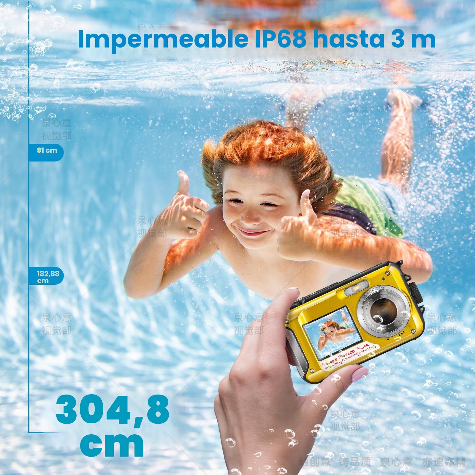 Cámara Digital Impermeable, Cámara Submarina HD 2.7K 48MP con Doble Pantalla para Buceo 3M para Nadar, Zoom Digital 16X Anti-Vibración, Amarilla