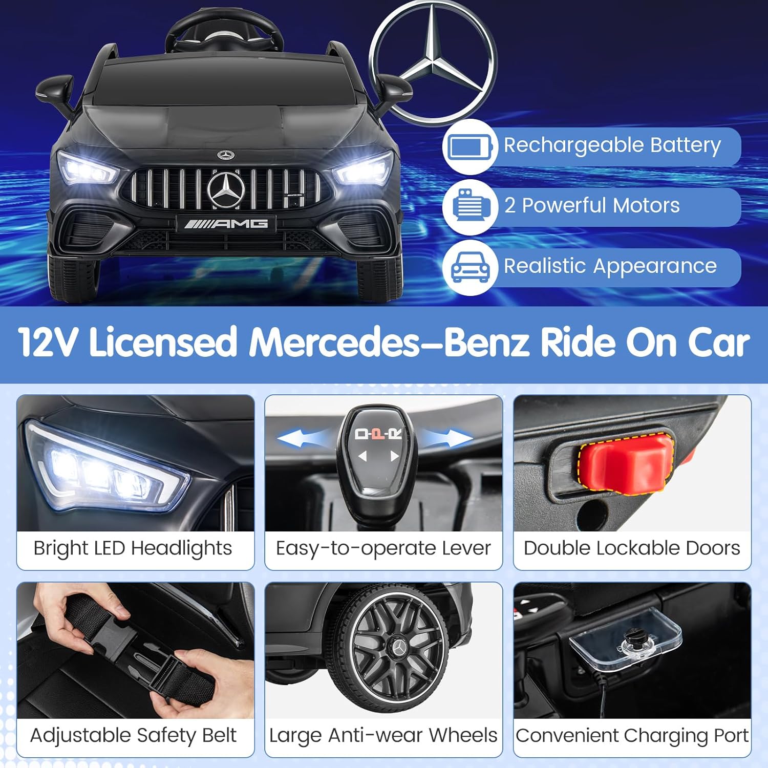 Costzon Ride on Car, 12V Licensed Mercedes-Benz Kids’ Electric Vehicles with Parent Remote, Rocking Function, Music & Horn, LED Headlights & Soft Start, Battery Powered Kids Car Toy for Ages 3+(Black)