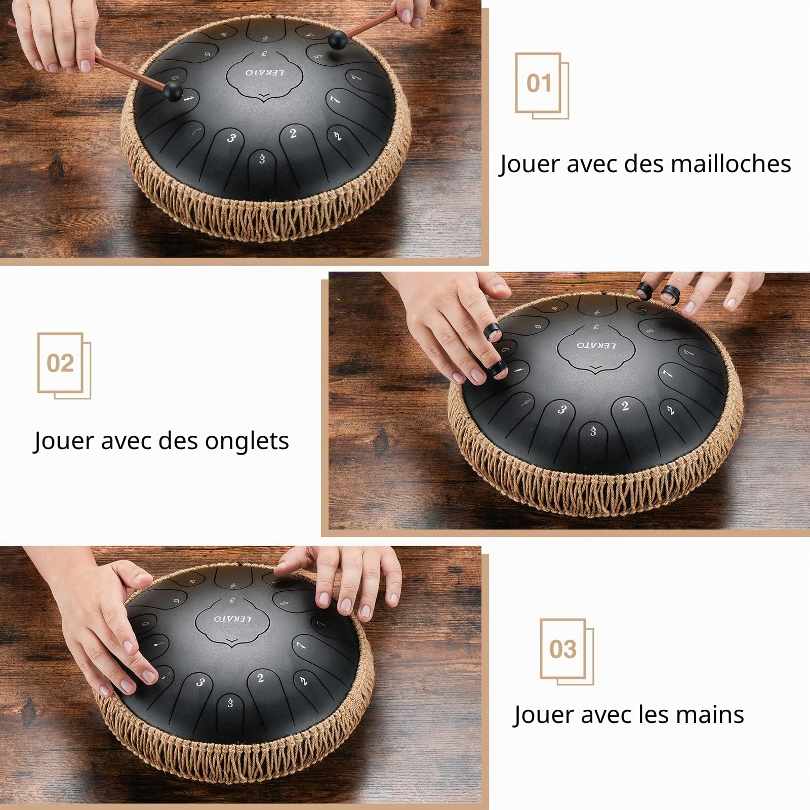 LEKATO Steel Tongue Drum, Tambour Handpan à 13 Pouces 15 Tons en C, Tambour à Langue de Grande Taille, Instrument de Percussion pour la Méditation, le Yoga, l'Education Musicale, Noir