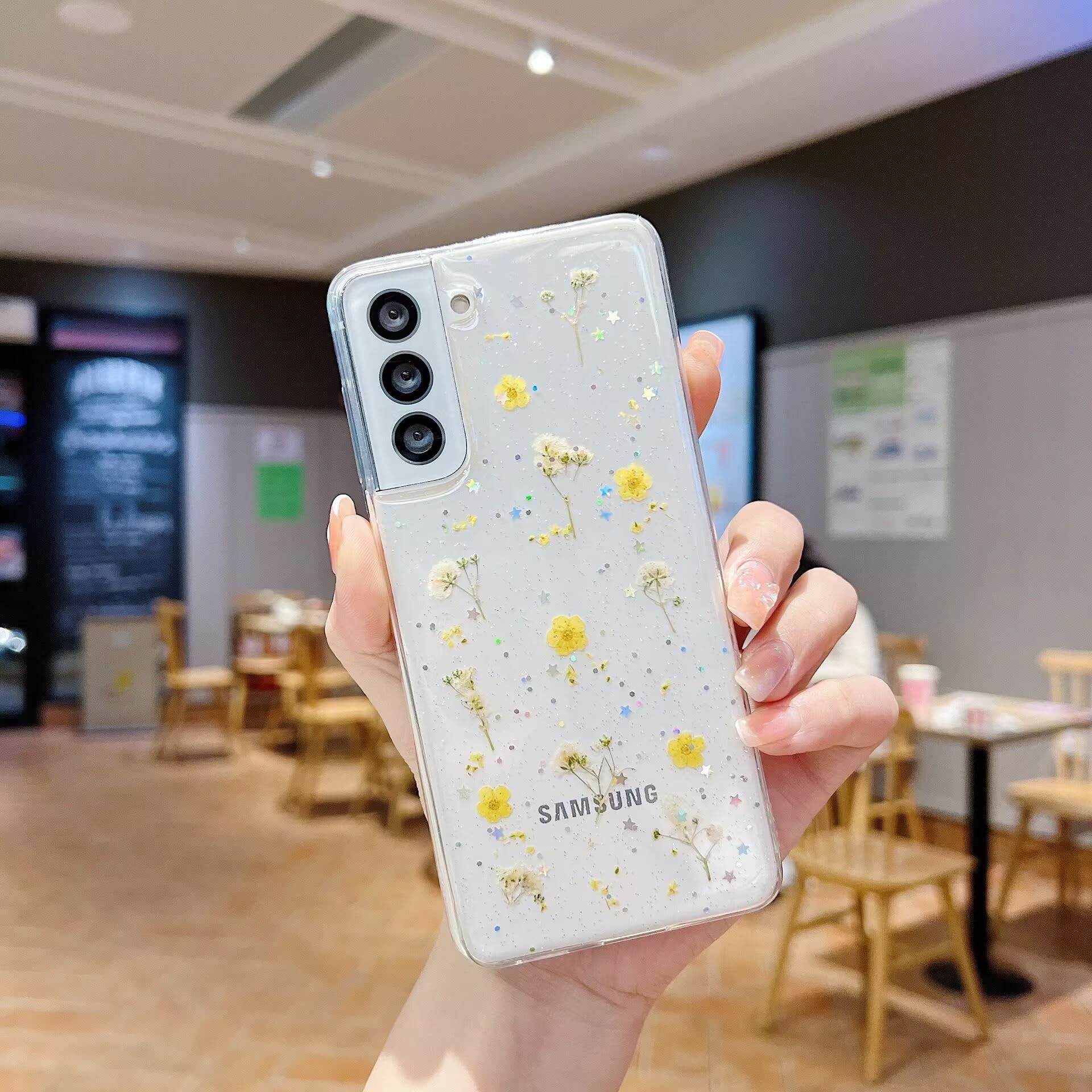 DasKAn for Samsung Galaxy S23 FE Real Flower Clear Case, Glitter Pressed Floral Design Ultra Slim Soft Rubber Bumper Anti Drop Shockproof Silicone Gel TPU Protective Phone Cover, Yellow Flowers