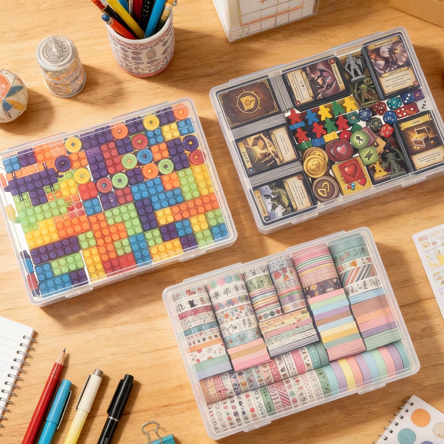 Rainmae 3 Pcs Board Game Storage Container Portable Storage Bin with Lid Toy Organizer and Storage Box for Games Puzzles Mini Building Blocks Craft Supplies Fits 8.5" x 11" Letter and A4 Papers