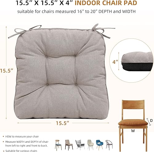 Miniatura 4 de Paquete de 4 cojines caqui para silla, cojines de asiento interiores de 15.5 x 15.5 pulgadas, almohadillas de espuma viscoelástica copetuda para