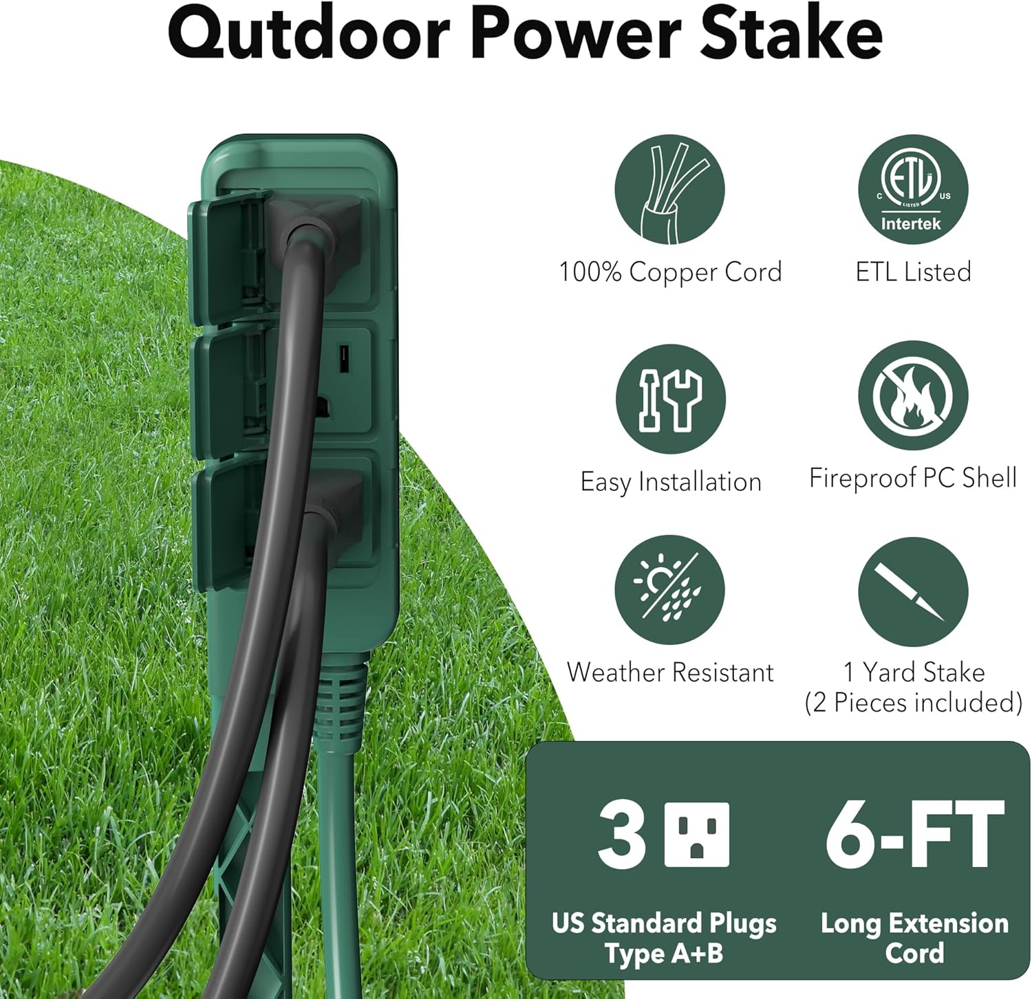 HBN Outdoor Power Stake Waterproof with 6FT Long Extension Cord, 3 Grounded Outlets Yard Power Strip with Protective Covers, Electrical Power Stake with Multiple Plug Socket for Garden Decoration