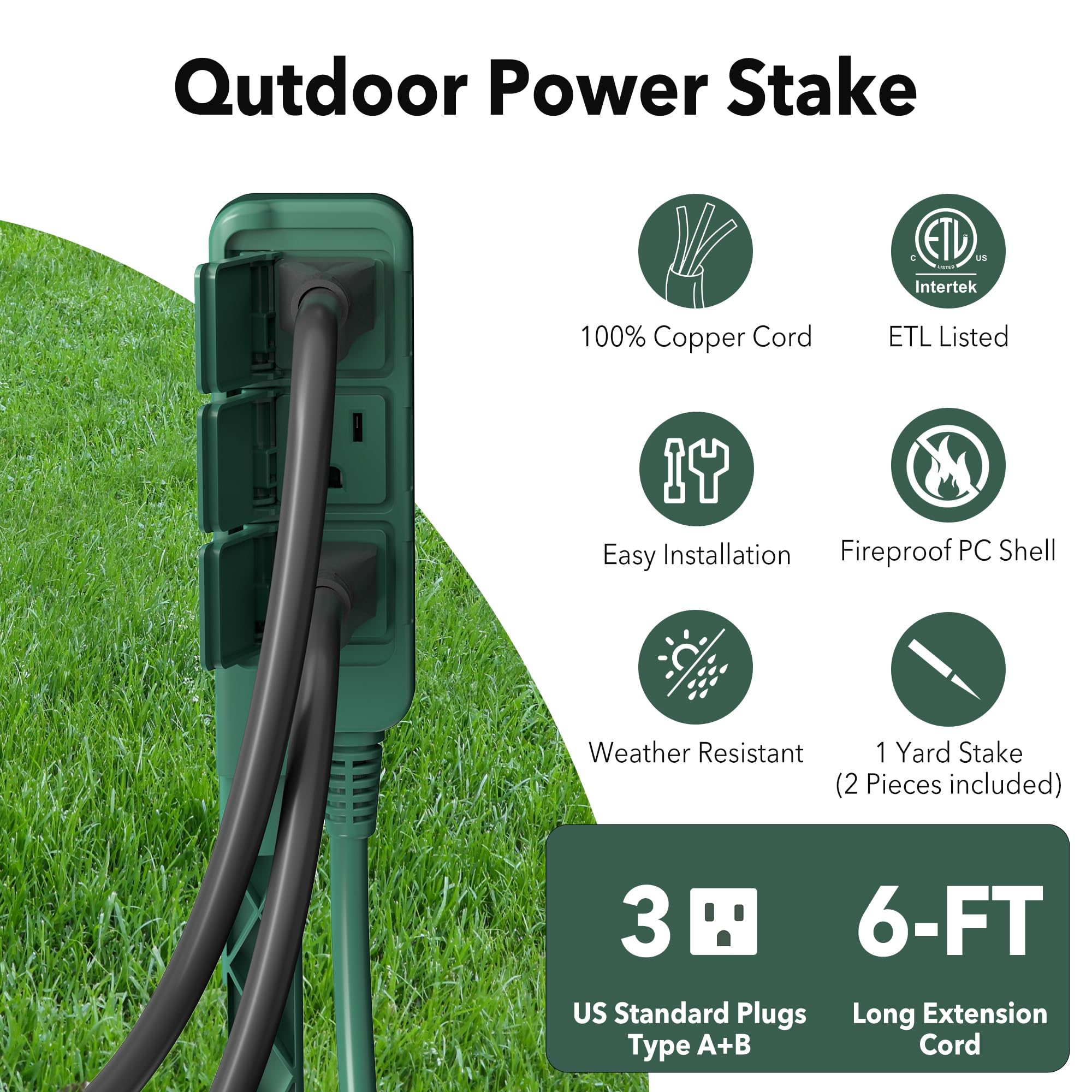 HBN - Estaca eléctrica Impermeable con Cable de extensión de 6 pies de Largo, 3 tomacorrientes a Tierra para Patio con Cubiertas Protectoras, estaca de alimentación eléctrica con múltiples enchufes