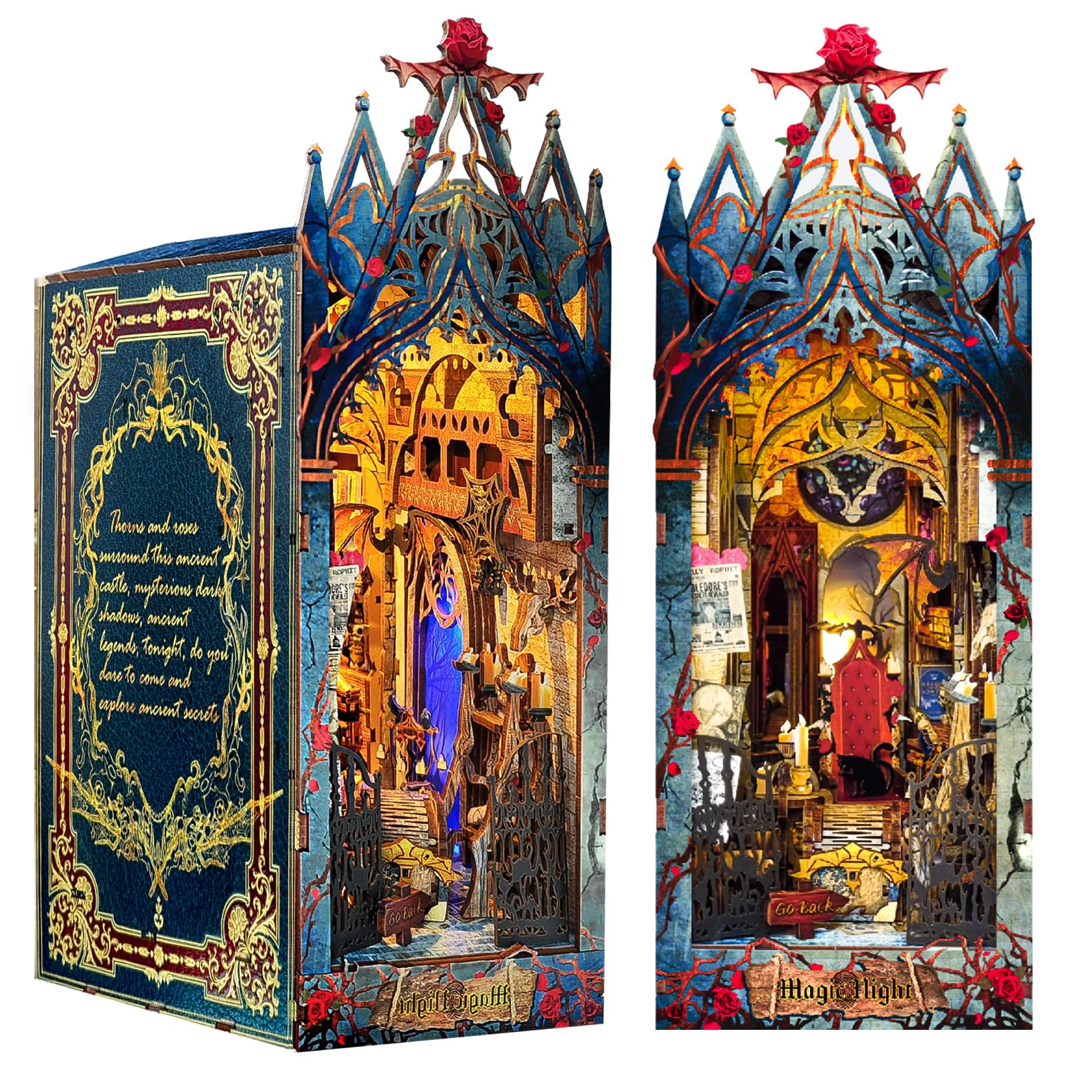 RONSTONE Book Nook Kit - Casa Delle Bambole in Miniatura con Luce LED - Castello al Chiaro di Luna Puzzle 3D in Legno Fermalibri Inserto per Libreria