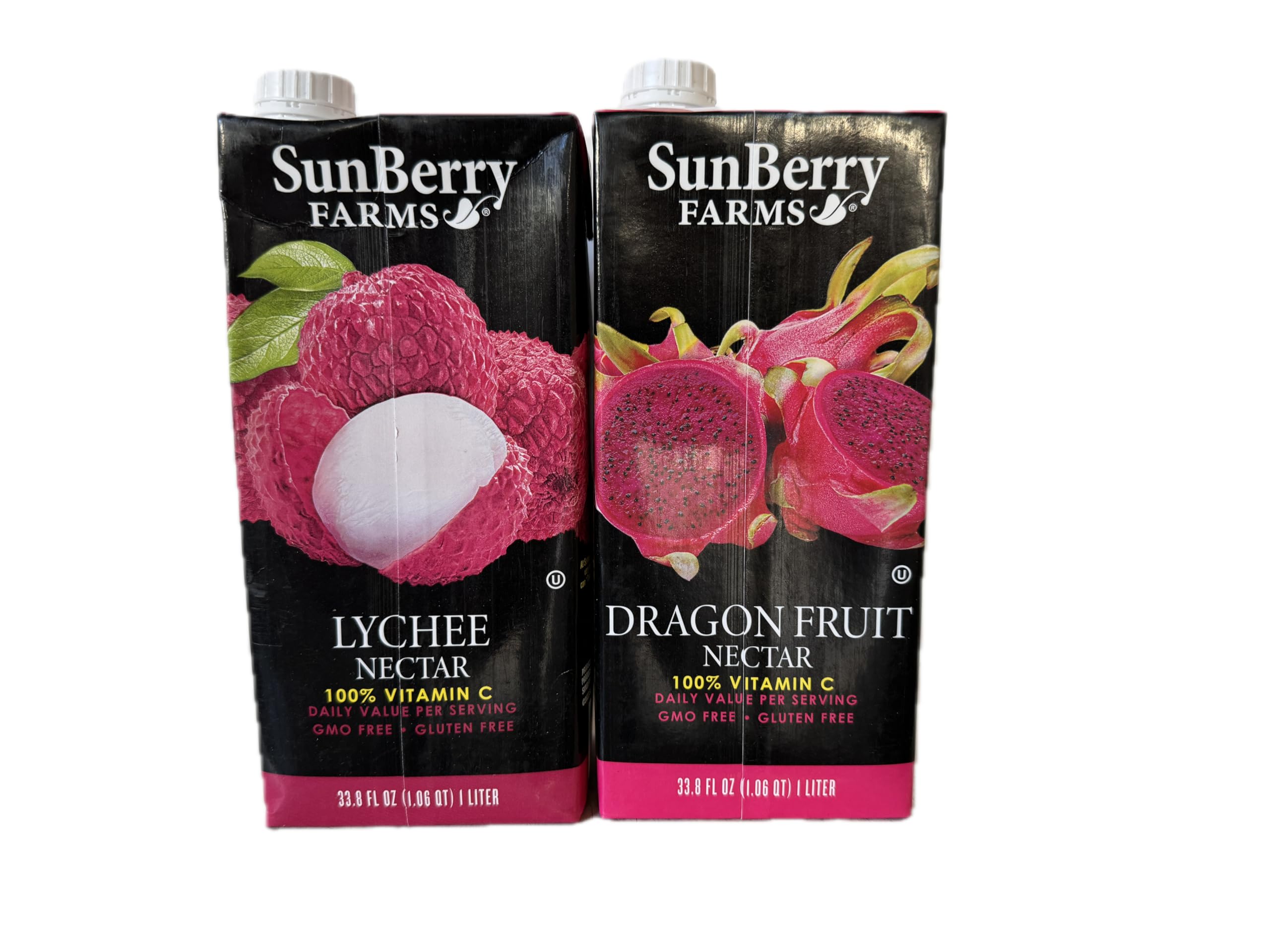 SunBerry Farms Lychee Nectar + Dragon Fruit Nectar Kosher Fruit Juice Bundle 33.8 Fl Oz Each