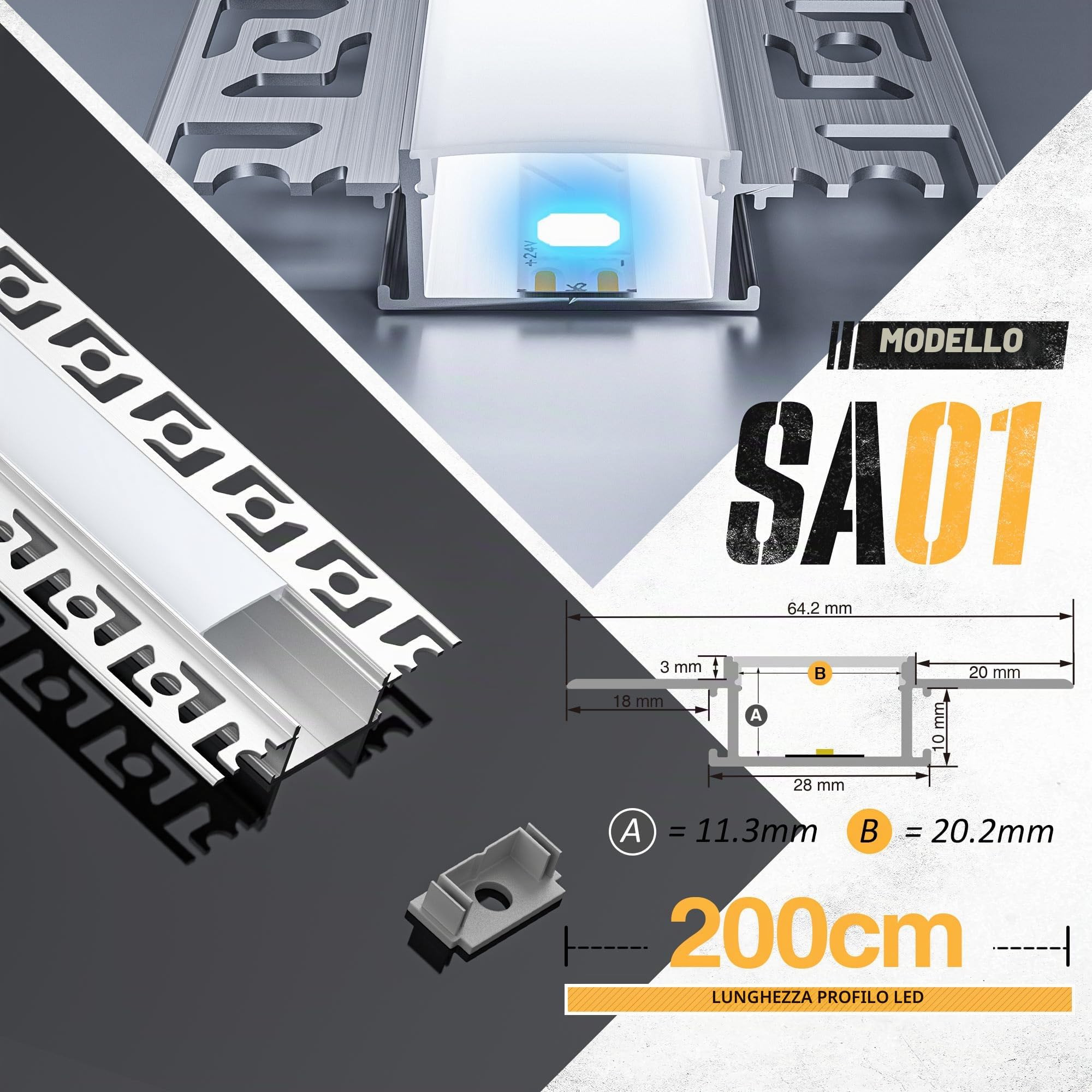 Profilo LED Cartongesso 2 m 15 pz, Profilo Alluminio per Strisce led Larghezza Massima 20 mm, Canalina led che Diffonde Uniformemente la Luce (SA01, 2 m 15 pz)
