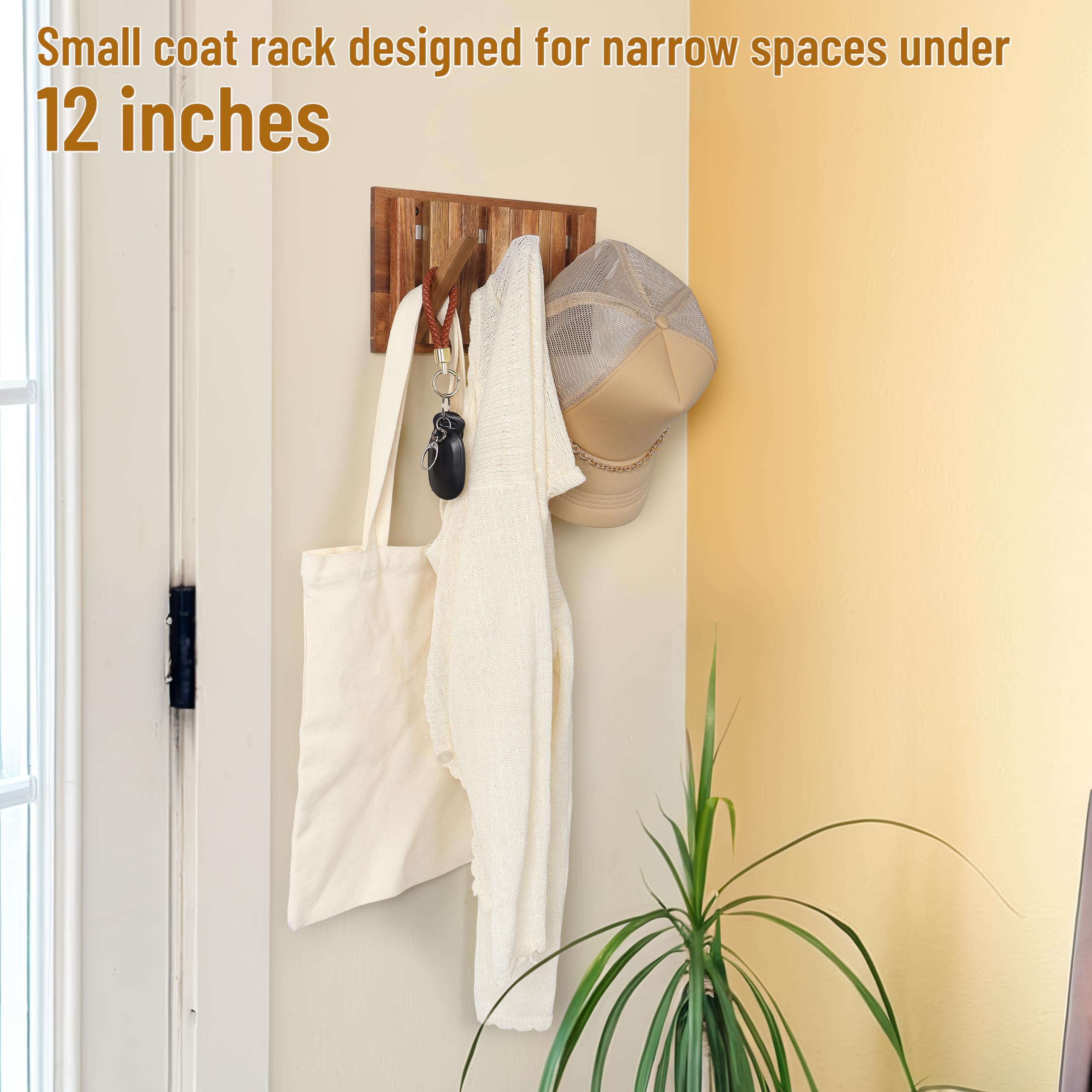 Perchero de pared para casa de campo: madera rústica con 6 ganchos, montaje retráctil de 26,4 cm, montado en la pared para espacios pequeños, entrada, pasillo, baño, para colgar chaqueta,
