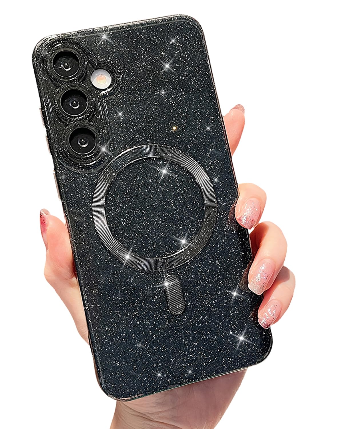 MINSCOSE for Samsung Galaxy S25 Magnetic Neon Phone Case[Compatible with Magsafe],Cute Bling Glitter Thin Slim Shockproof Sparkly Cover for Women Girl for Samsung Galaxy S25 -Black