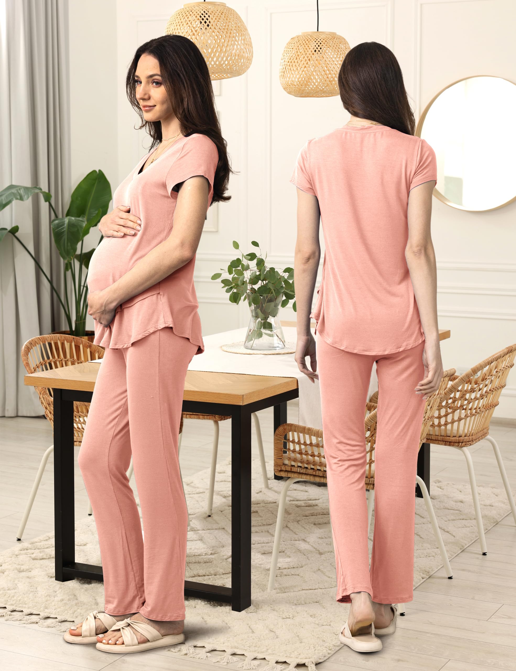 SUNNYBUY 3-teiliges Still-Pyjama-Set, versteckte Still-Tops, verstellbare Schwangerschafts-Shorts und Hosen, postpartale PJS