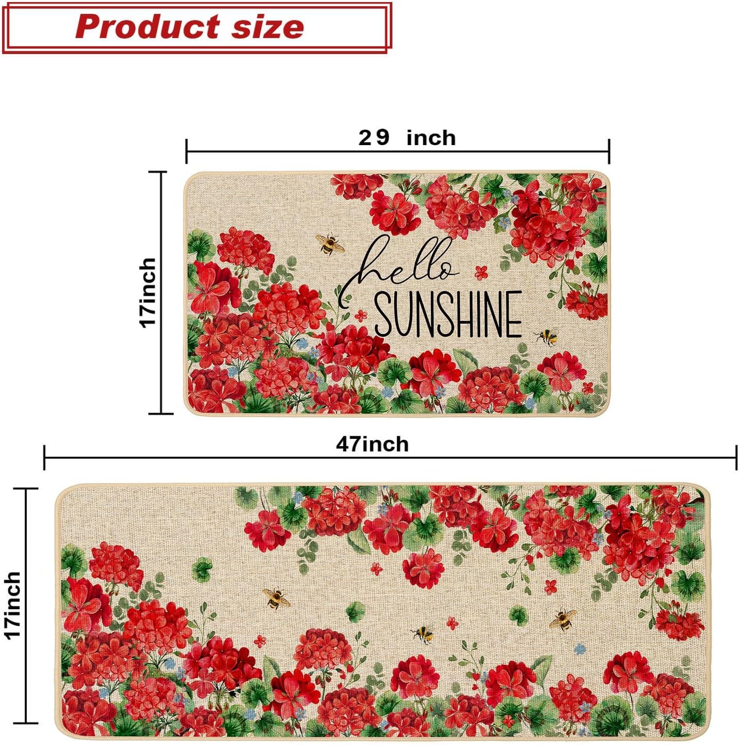 Baccessor Spring Summmer Kitchen Mats Set of 2, Geranium Floral Bee Kitchen Rugs for Floor Non Slip Absorbent Low-Profile Seasonal Farmhouse Home Decor 17x29 and 17x47 Inch