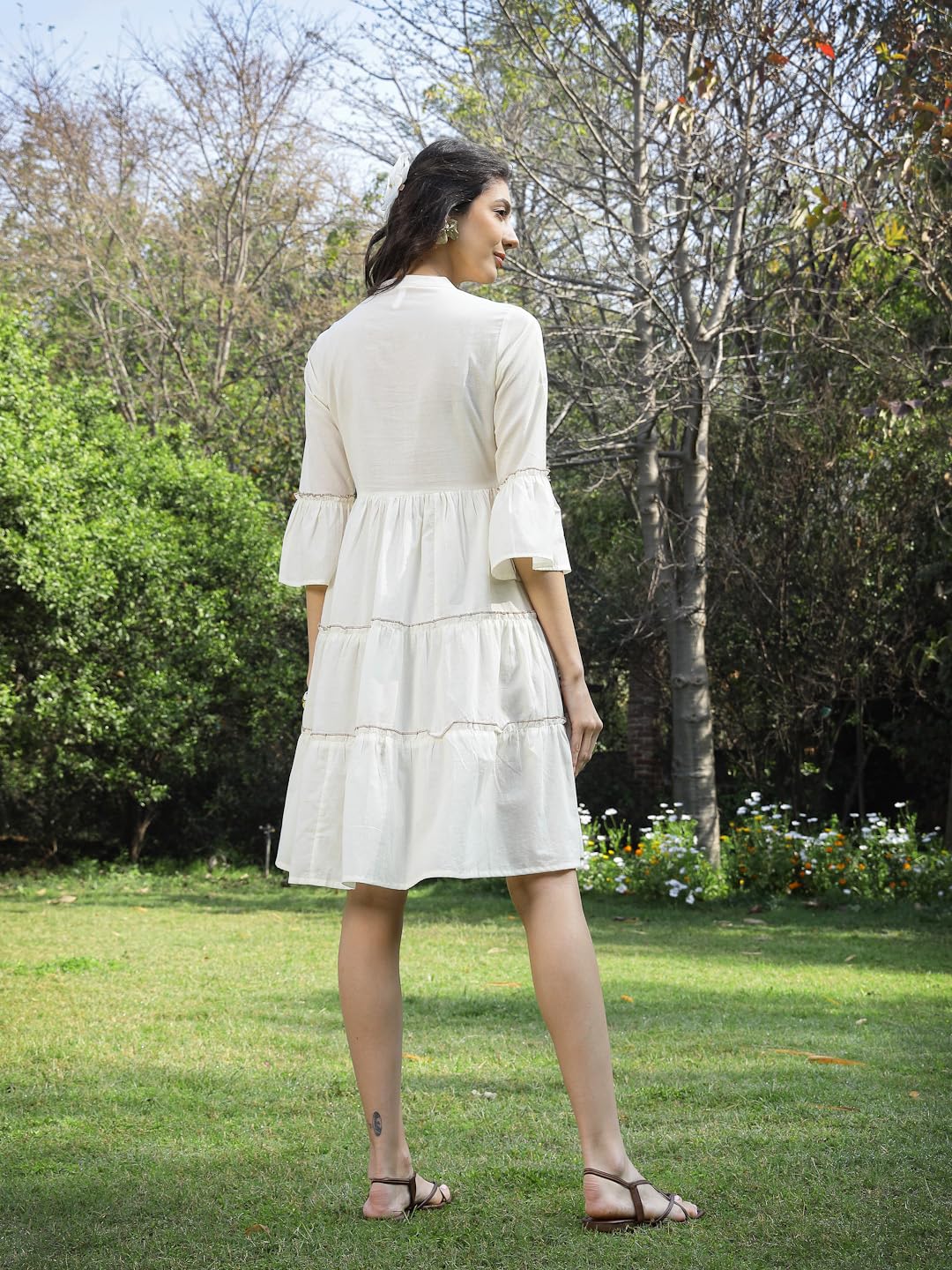 Stylum Women's Solid & Embroidered Cotton Tiered Dress (Drswhiteshiba42_White, Xl)