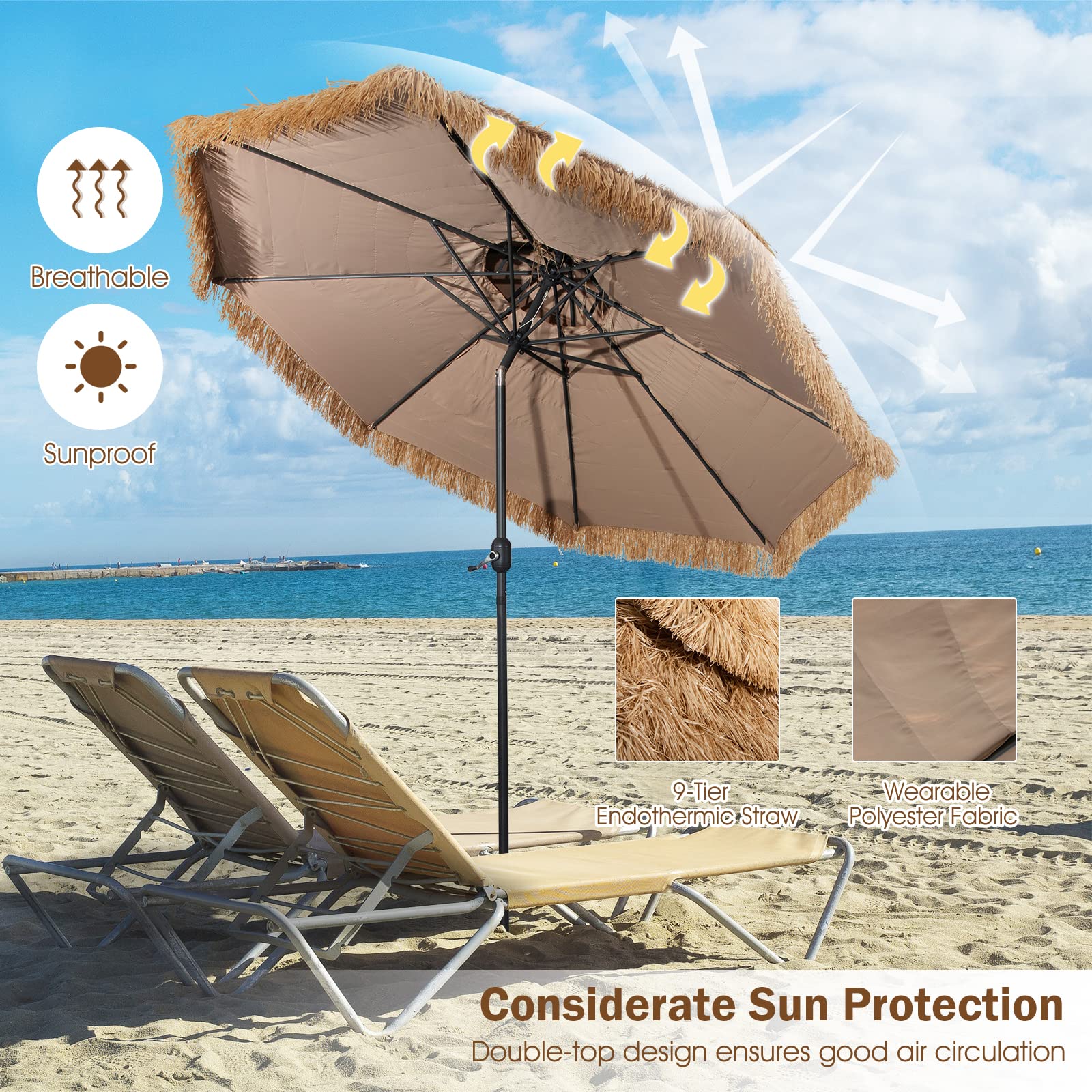 KOMFOTTEU 3m Hawaii Sonnenschirm, Bastschirm knickbar, Strohschirm Sonnenschutz, Strandschirm mit Doppeldach, Terrassenschirm Marktschirm für Garten, Balkon, Strand | Sonnenschirm für den Strand mit Doppeldach, Sonnenschirm für Garten, Balkon, gelb-braun,