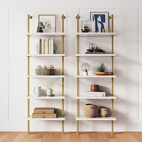 Miniatura 2 de Nathan James 65501 Theo - Estantería moderna de madera con 5 estantes, estantería de escalera de montaje en pared abierta con marco de metal