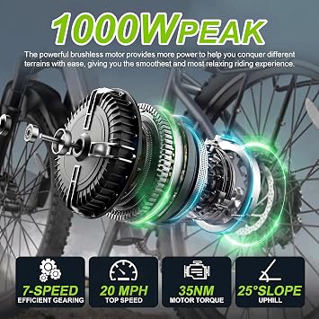 Electric Bike 24 1000W Peak Electric Bicycle 504Wh ebike for Adults | 2026 Upgrade Mountain Ebike with 48V 504Wh Battery, 7-Speed Smooth Ride on Rough Terrain, Perfect for Daily Commute
