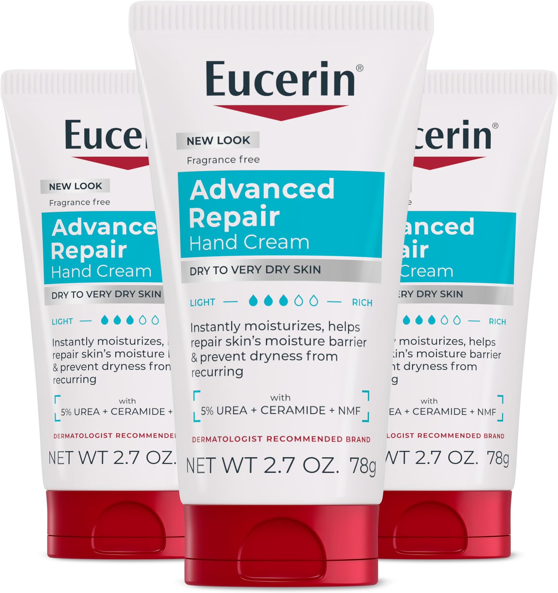 Advanced Repair Hand Cream, Immediately Soothes and Repairs Very Dry Skin, Fragrance Free, Non Greasy, Fast Absorbing, Travel Size Hand Lotion, 2.7 Oz Tube, Pack of 3