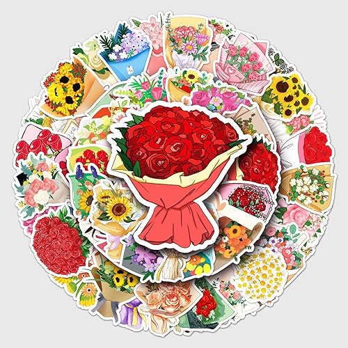 Miniatura 1 de Paquete de 50 calcomanías de ramo de flores, botellas de agua, laptop, teléfono, guitarra, patineta, computadora, flores, vinilo, impermeables,