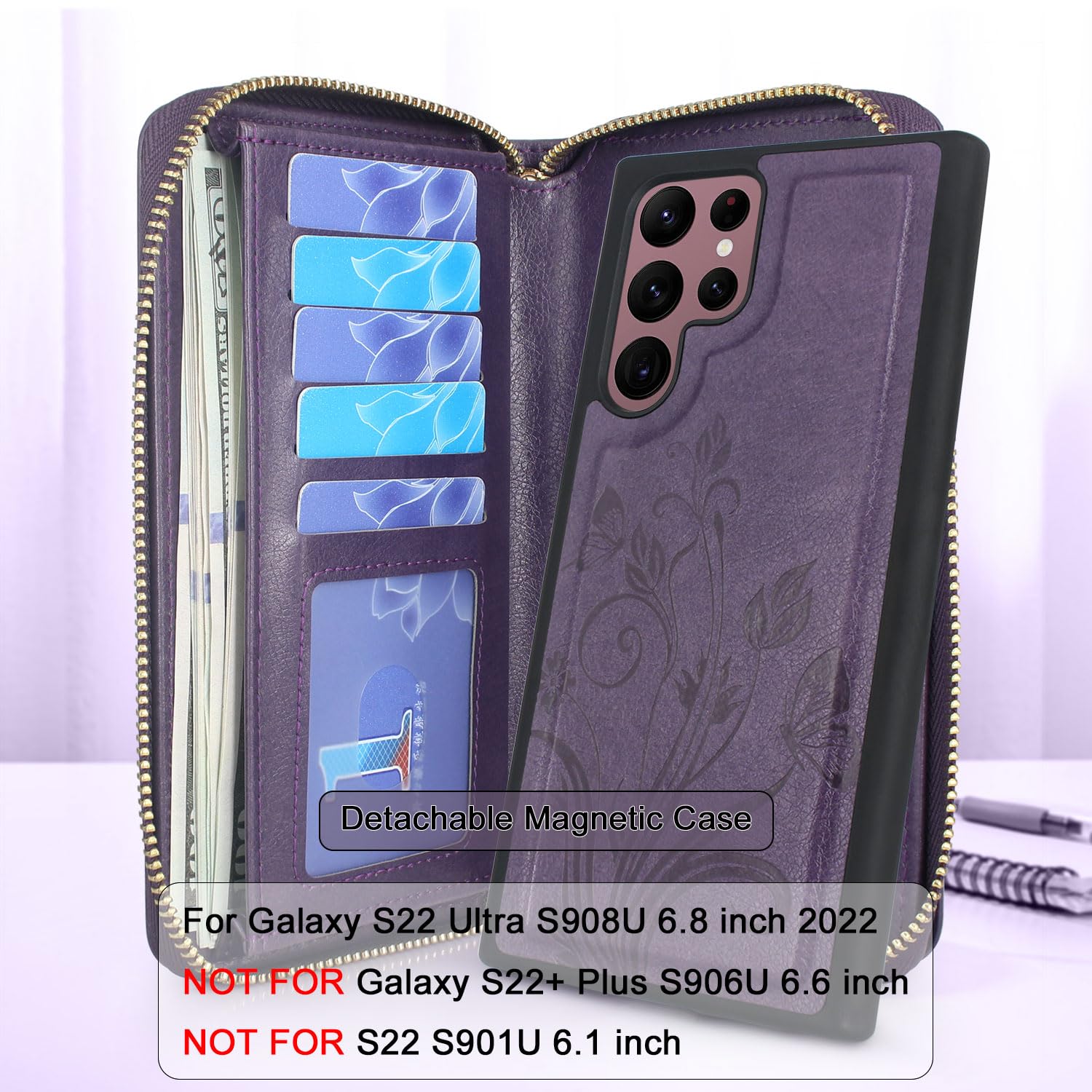 Lacass Compatible with Samsung Galaxy S22 Ultra 5G 2022 Crossbody Chain Dual Zipper Detachable Magnetic Leather Wallet Case Cover Wrist Strap 13 Card Slots Money Pocket(Floral Dark Purple)
