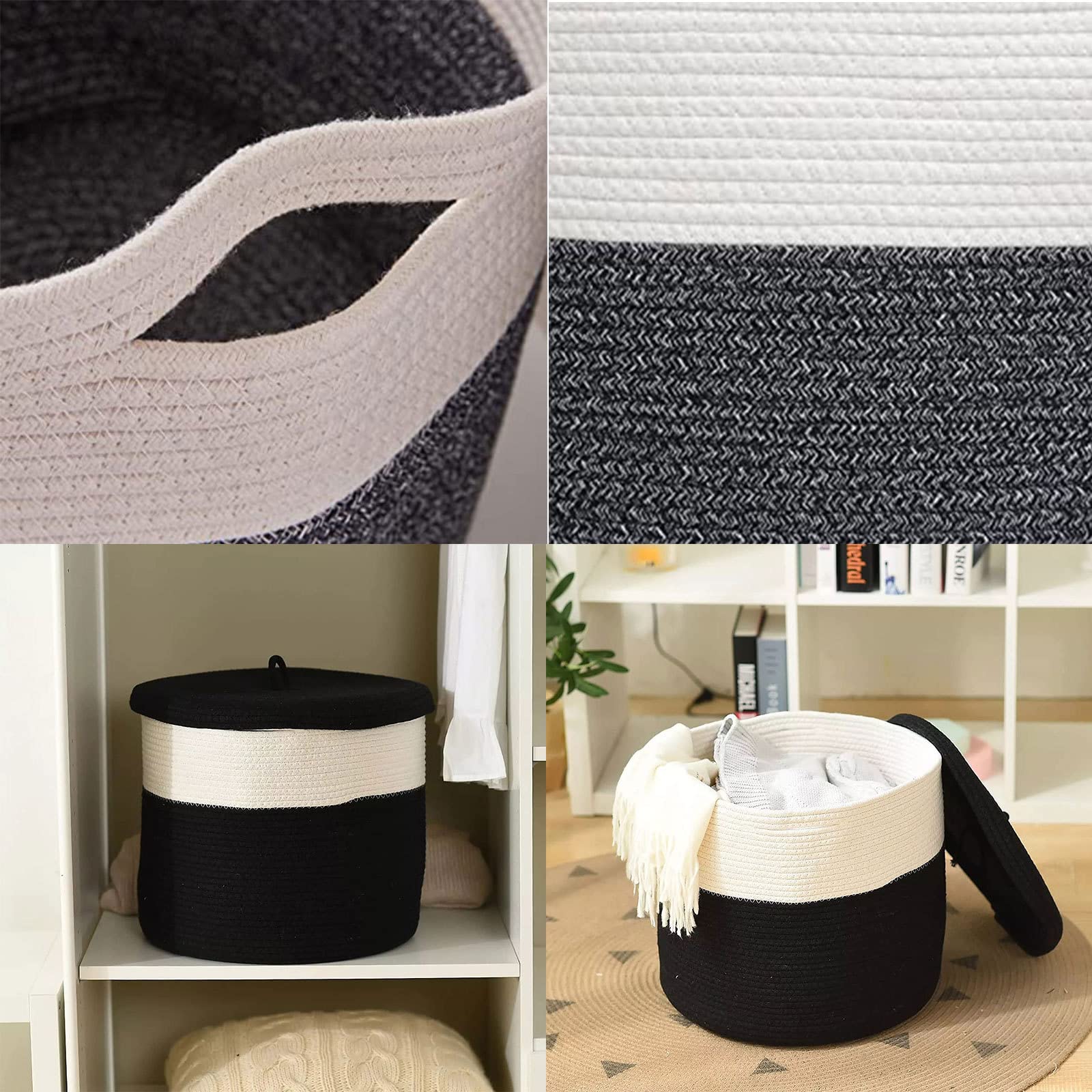 Cesto portaoggetti in Tessuto con Coperchio Cestino in Corda Naturale Cestino Decorativo in Cotone per Coperte Giocattoli Vestiti Portaoggetti con Manici, 15,4" D x 13,8" H,Black