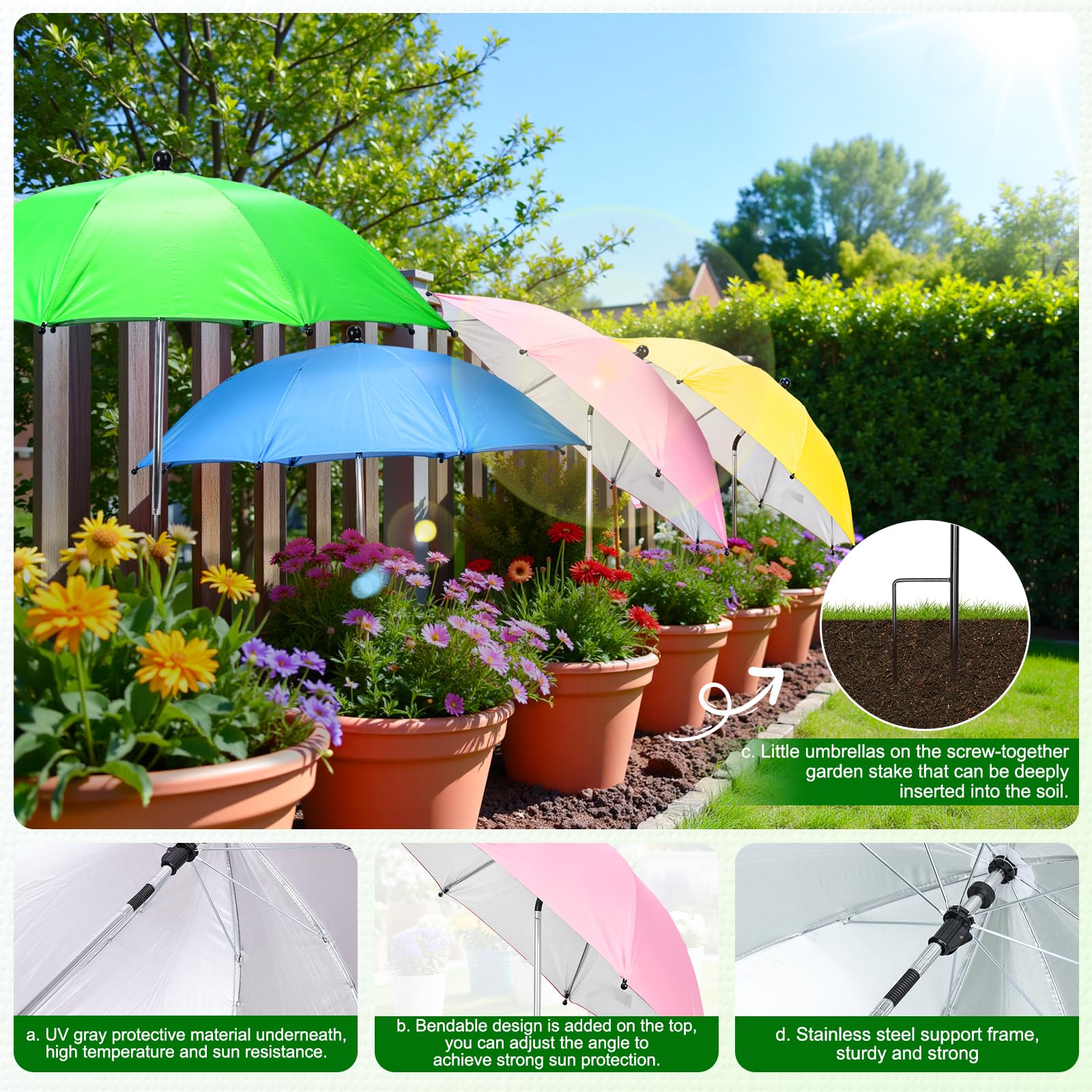 Ombrelli per piante da esterno, 4 pezzi regolabili in altezza e angolo da giardino per ombrelloni da sole e pioggia, 63 cm, grande set di ombrelloni per piante in vaso, aiuole da giardino e fiori