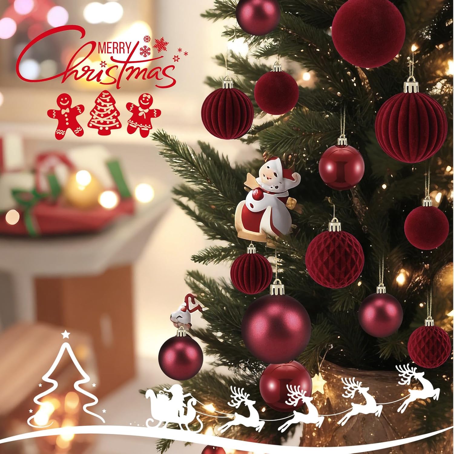 Soulchen 42 Pcs Velvet Christmas Ornaments Set Flocked Burgundy Christmas Ball Ornaments Hanging Shatterproof Xmas Ball Decor with 5 Styles in 3 Sizes for Xmas Tree Holiday Indoor Outdoor Home Decor - Image 3