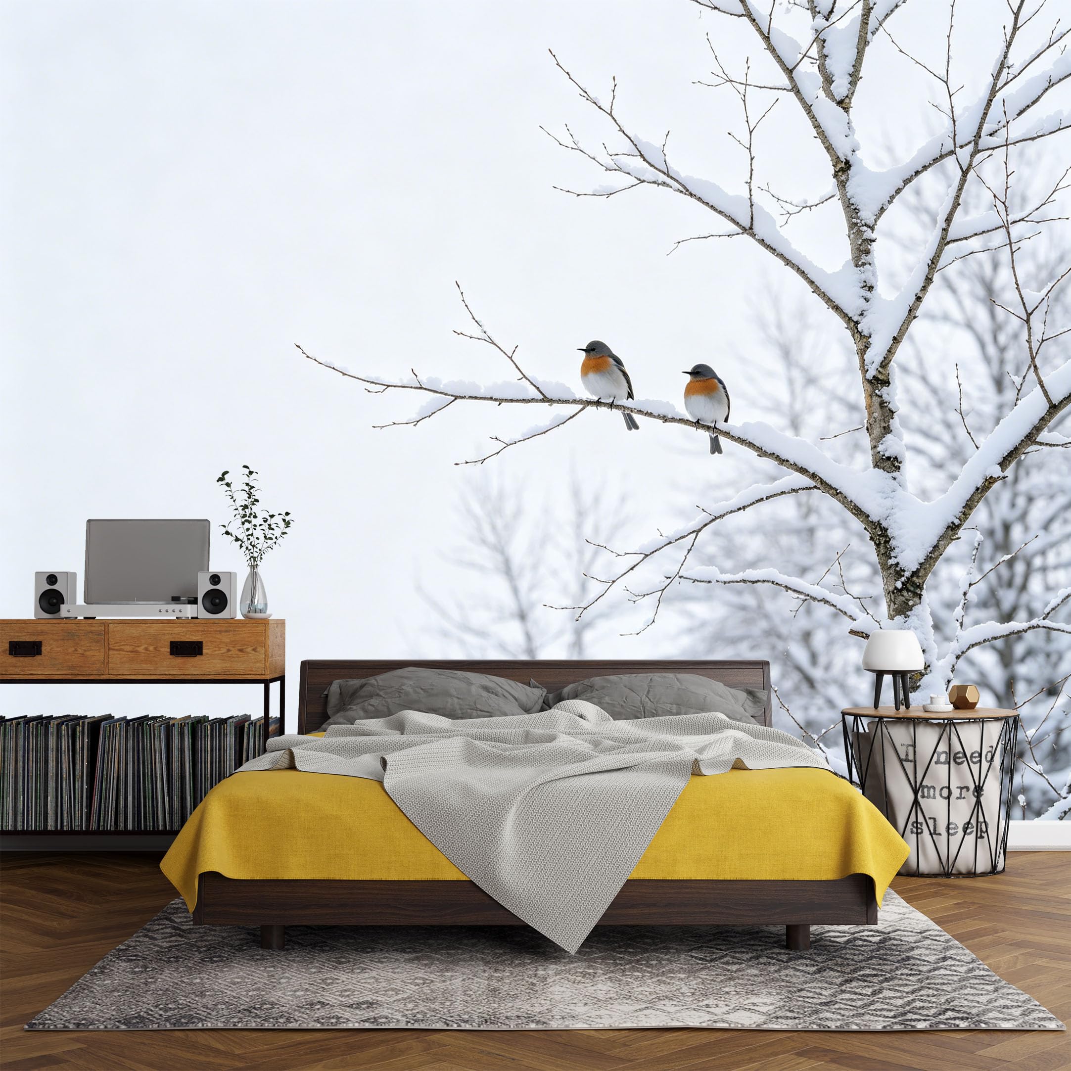 Custom Size Wall Mural， Winter Forest Birds on Snowy Tree Branch Landscape Minimalist Nature Scene，SelfAdhesive Art Prints wall Fabric (No PVC) Removable Wallpaper Living Room Decor