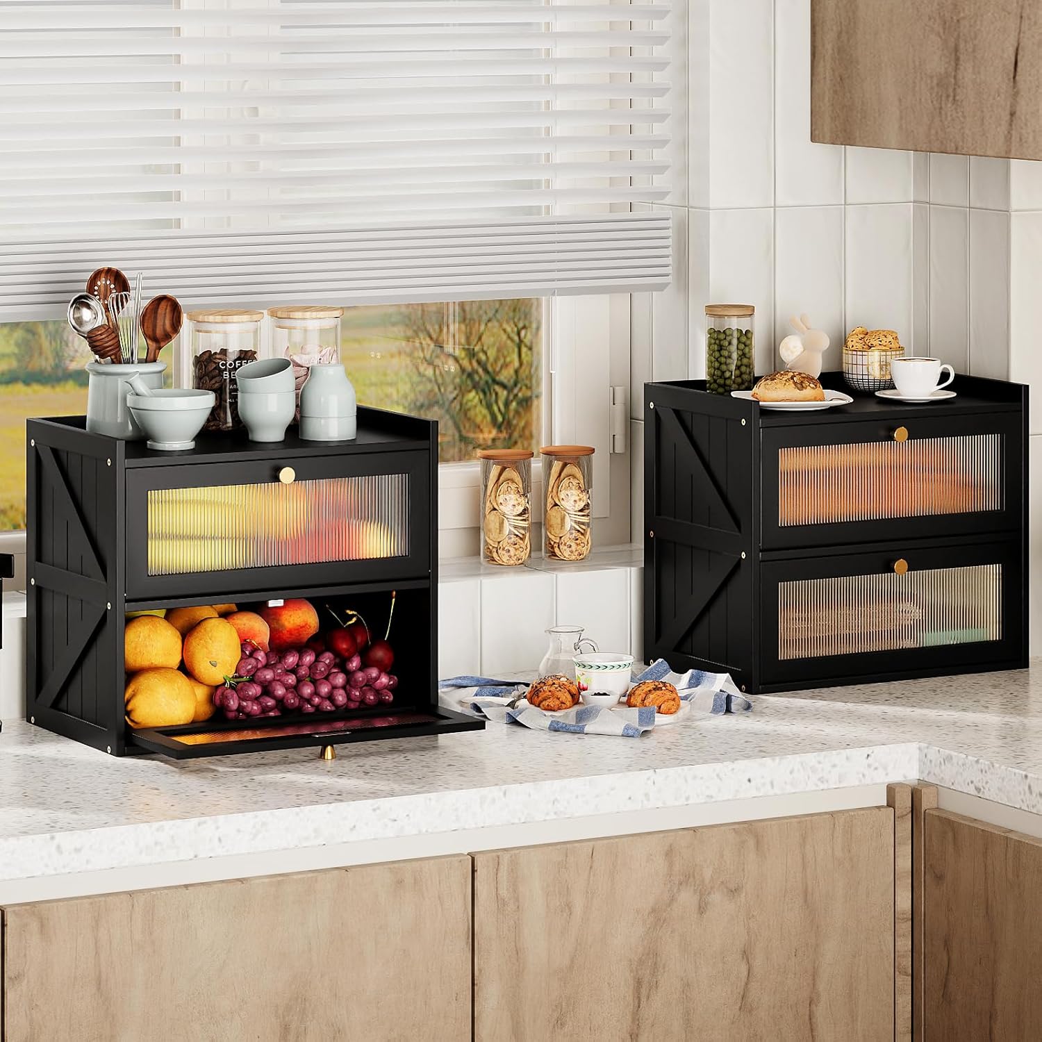 Double Layer Bread Box for Kitchen Counter Black Bread Storage Container with Acrylic Door Large Farmhouse Breadbox Organizer Bread Holder (Black)