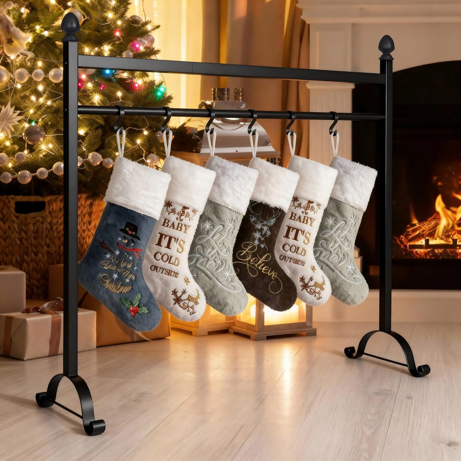 Senneny Christmas Stocking Holder Stand with 10 Hooks, Heavy Duty Metal Stocking Holder Stand Hangers - Easy Assembly and Freestanding, Black