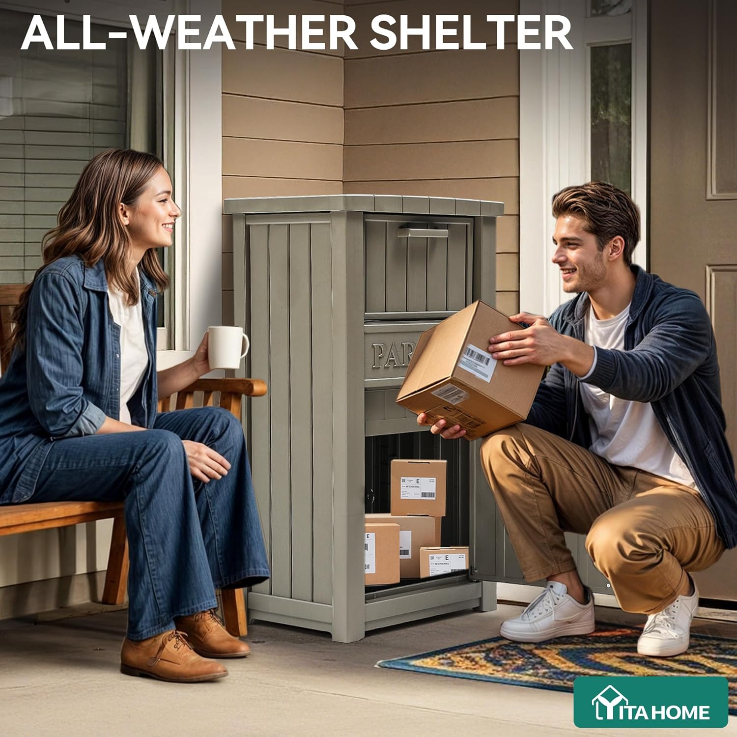 YITAHOME Anti-Theft Package Delivery Box for Outside w/Lockable Security System, Outdoor Waterproof Parcel Drop Storage Boxes Resin Drop Box for Porch House Curbside, Taupe - Image 3