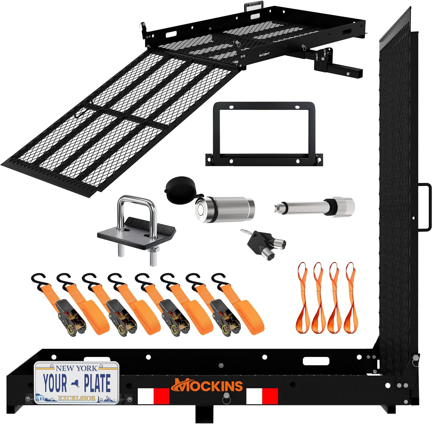 Mockins 48″x28.5″x4″ Heavy Duty Trailer Hitch Cargo Carrier with Ramp for Wheelchair | Folding 500 Lbs. Cap Steel Mobility Scooter Carrier for Car SUV Truck & Van | eBike Rack with Ramp & Accessories