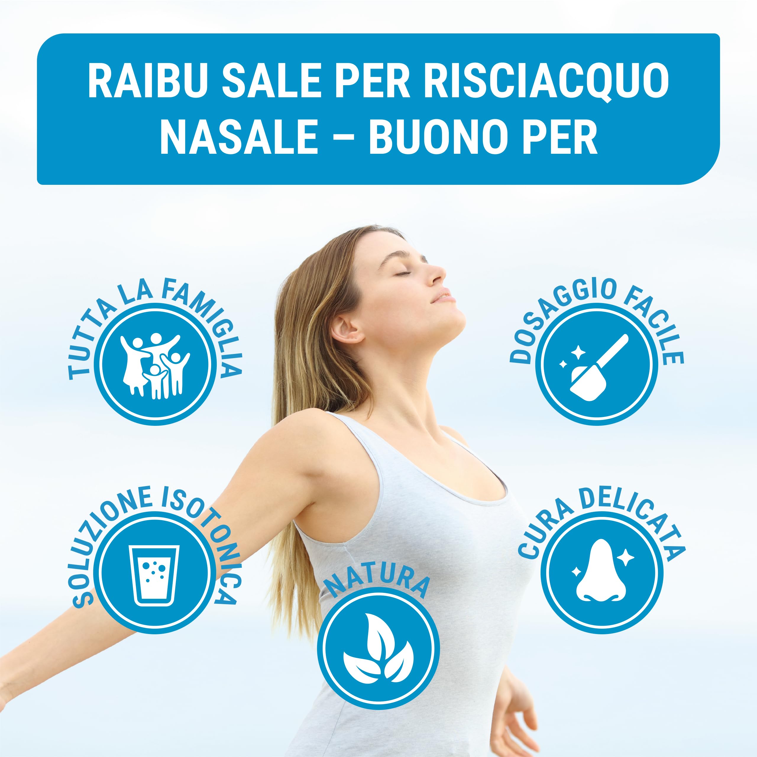 Raibu Fisiologico per Lavaggi Nasali - 150 Porzioni (XXL) I Con Misurino Dosatore I Sale Lavaggio Nasale, Irrigazione del Naso, Neti Lota