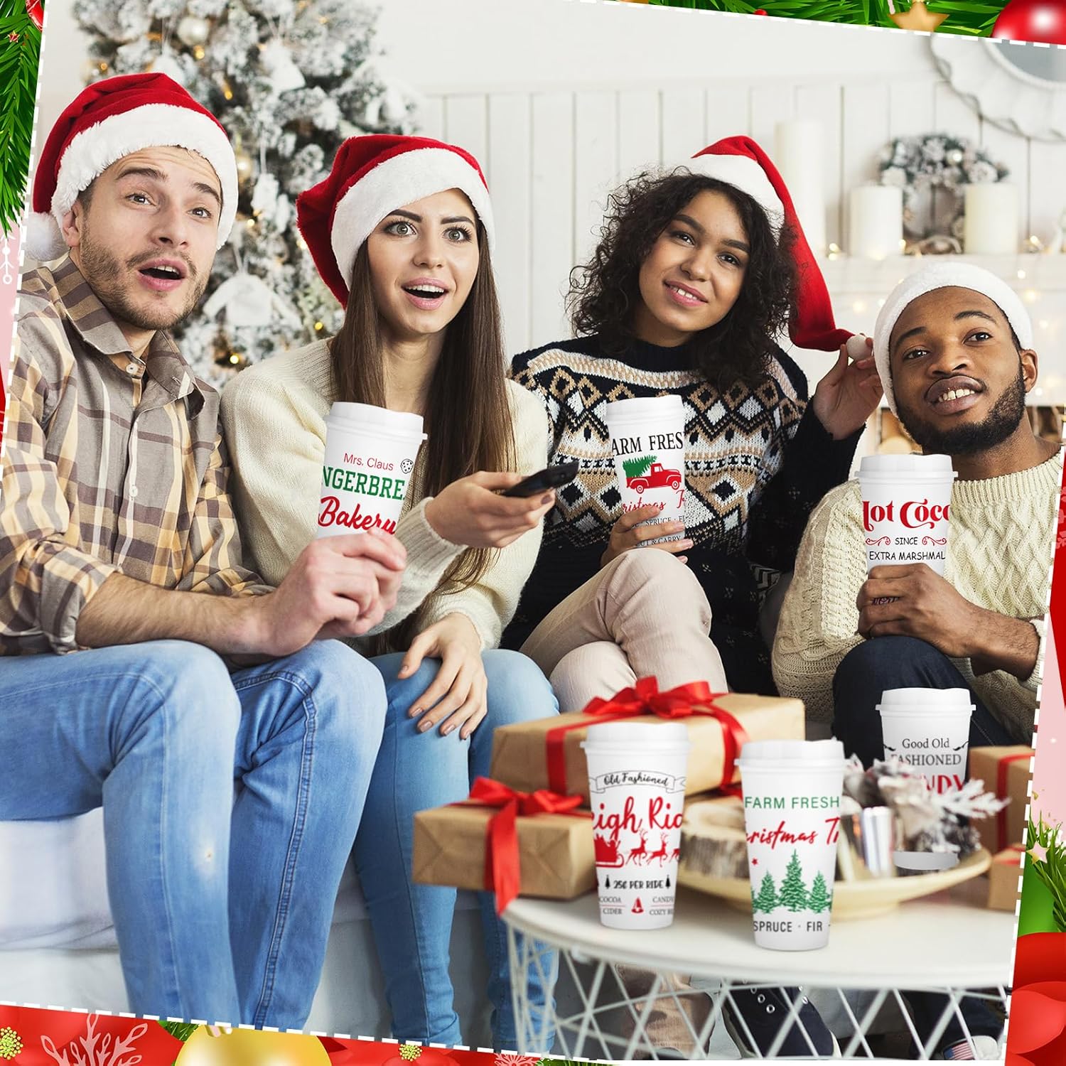 Tioncy Hot Chocolate Bar Supplies Christmas Reusable Coffee Cups Gift 16 oz with Lids Plastic Cups Travel Coffee Mug Thank You Gifts for Winter(12 Pcs,Hot Cocoa,2.3×3.5×6.3 Inches)