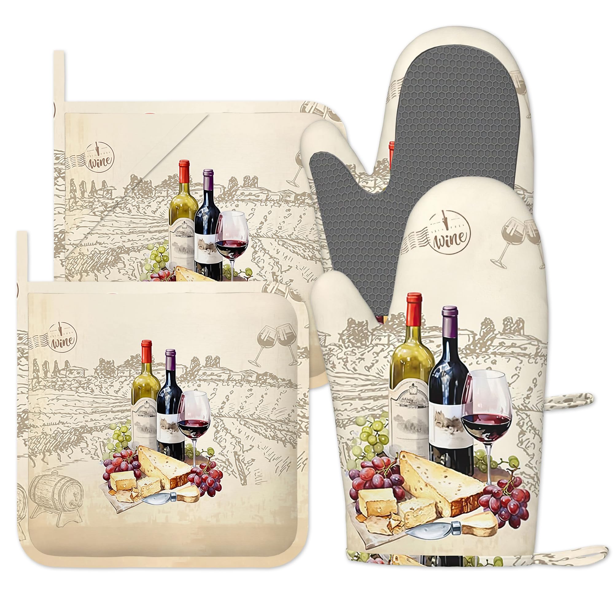 Bilangce Red Wine Oven Mitts And Pot Holders Sets, Oven Gloves Heat Resistant, Cute Baker Stuff, Chef Cooking Baking Gifts For Bakers, Kitchen Gifts For Cooking Lover Cooks Mom