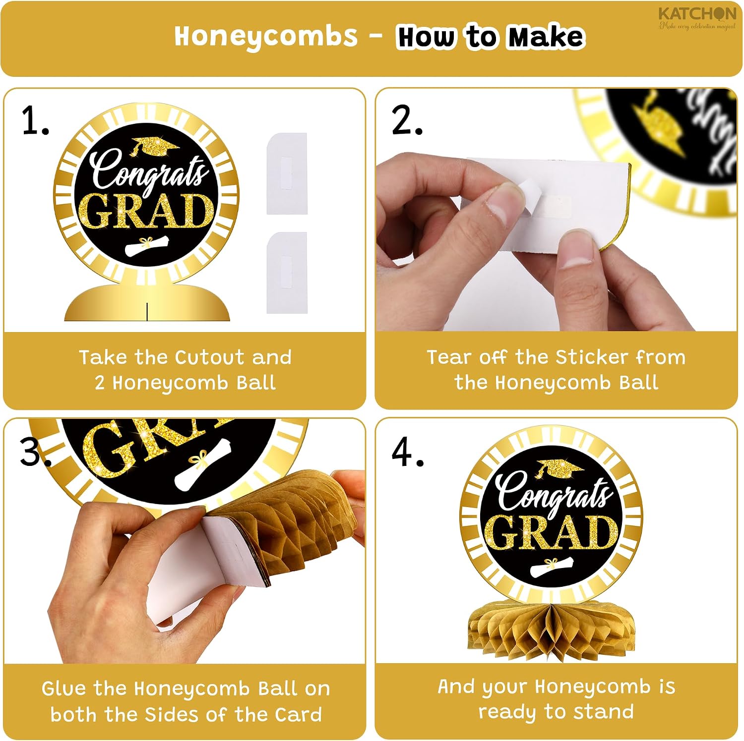 KatchOn, Black and Gold Graduation Centerpieces For Tables 2026 - Pack of 9 | Graduation Honeycomb Centerpieces for Table | Graduation Table Decorations for Graduation Decorations 2026