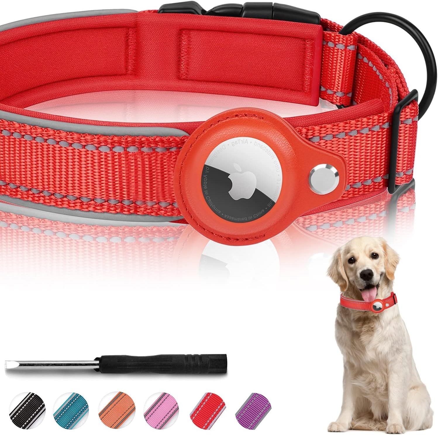 MouYou Airtag Dog Collar, Airtag Collar Dog Nylon Padded, Adjustable