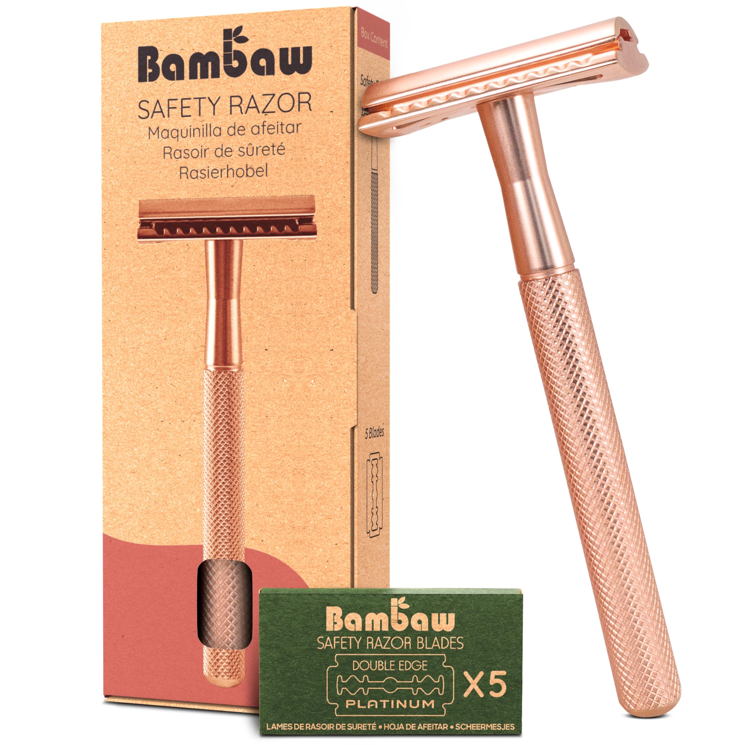 Bambaw Rasoio Sicurezza Donna con 5 Lamette per Rasoio di Sicurezza in Acciaio Inox Svedese Resistente alla Ruggine, Realizzato in Metallo Senza Plastica, Ideale per Tutti i Tipi di Pelle (Oro Rosa)