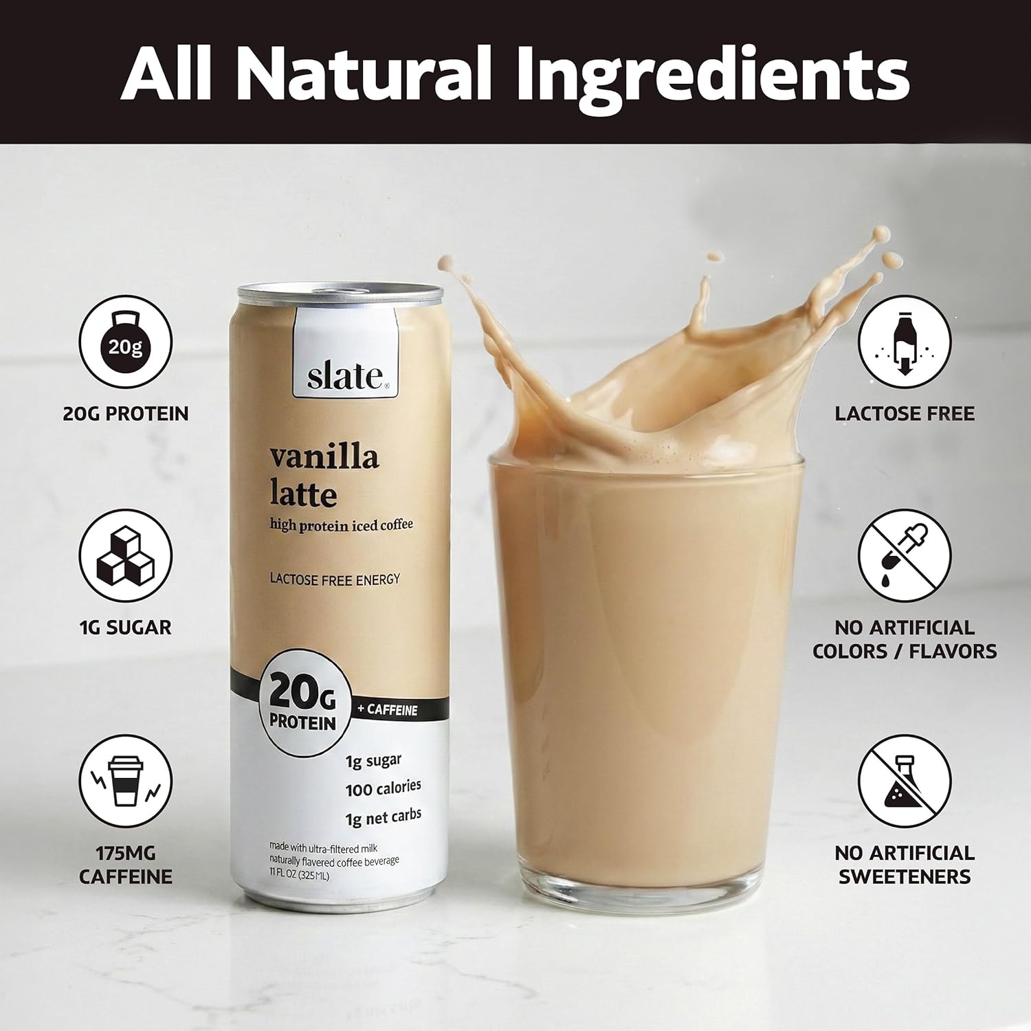 Slate Milk - High Protein Iced Coffee - Vanilla Latte - 175mg Caffeine, Lactose Free Energy - 20g Protein, 1g Sugar, 100 Calories, 1g Net Carbs, No Sugar Added - Protein Coffee - 11 fl oz, 12 Cans