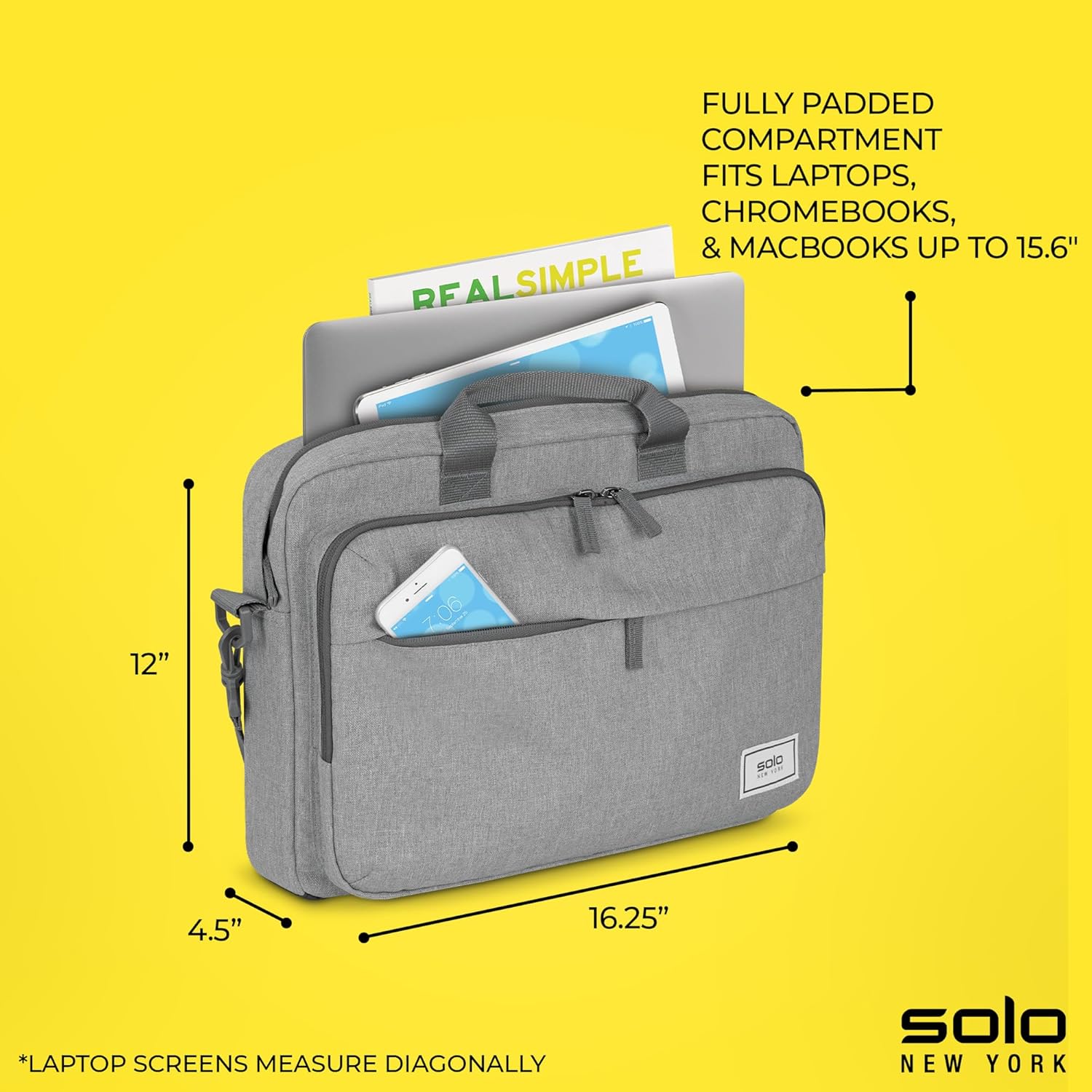 Solo New York Briefcase - Laptop Carrying Bag for Women & Men, Brief for Travel & Work, Front Zippered Pocket, Adjustable Shoulder Strap, Fits 15.6" Computer - Re:New, Gray - Image 3