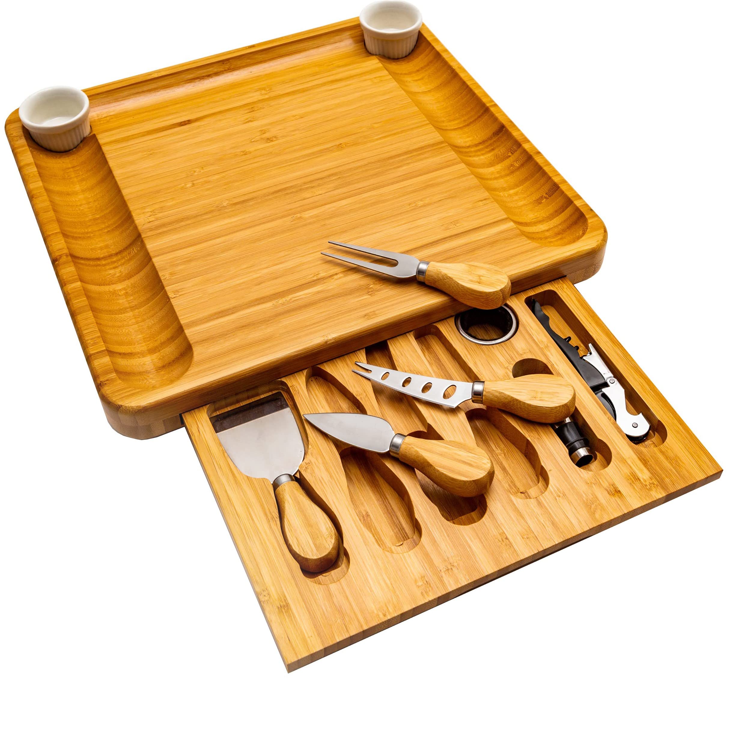 Sevin Clover Bamboo Cheese Board and Knife Set, Wood Charcuterie Platter and Serving Meat & Cheese Board with Slide-Out Drawer for Cutlery, 4 Stainless Steel Knives and Server Set