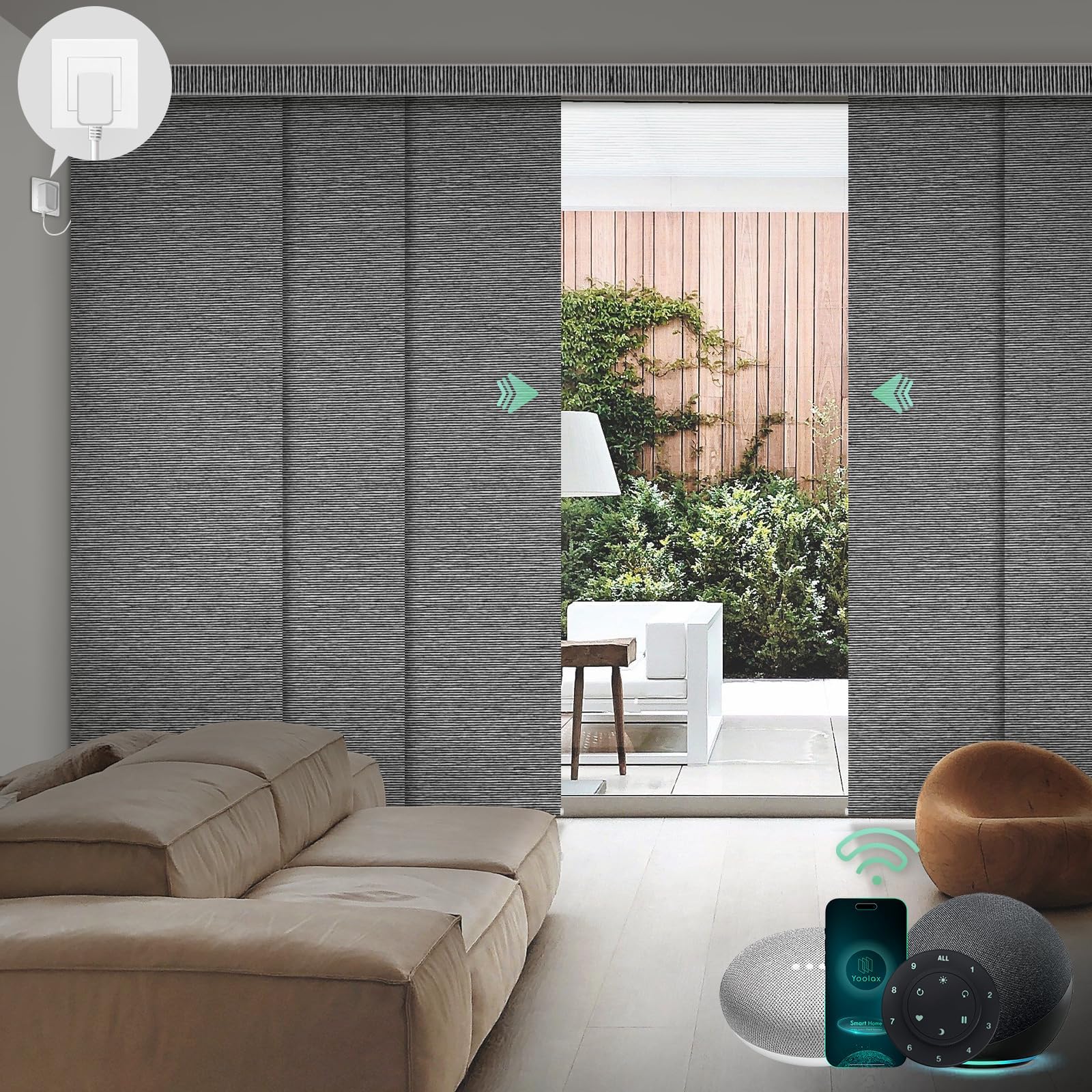 Yoolax Custom XL Smart Sliding Blinds, Motorized Panel Compatible With Alexa, Blackout Vertical for Glass, Patio, Closet Doors, Basalt Stripe Black