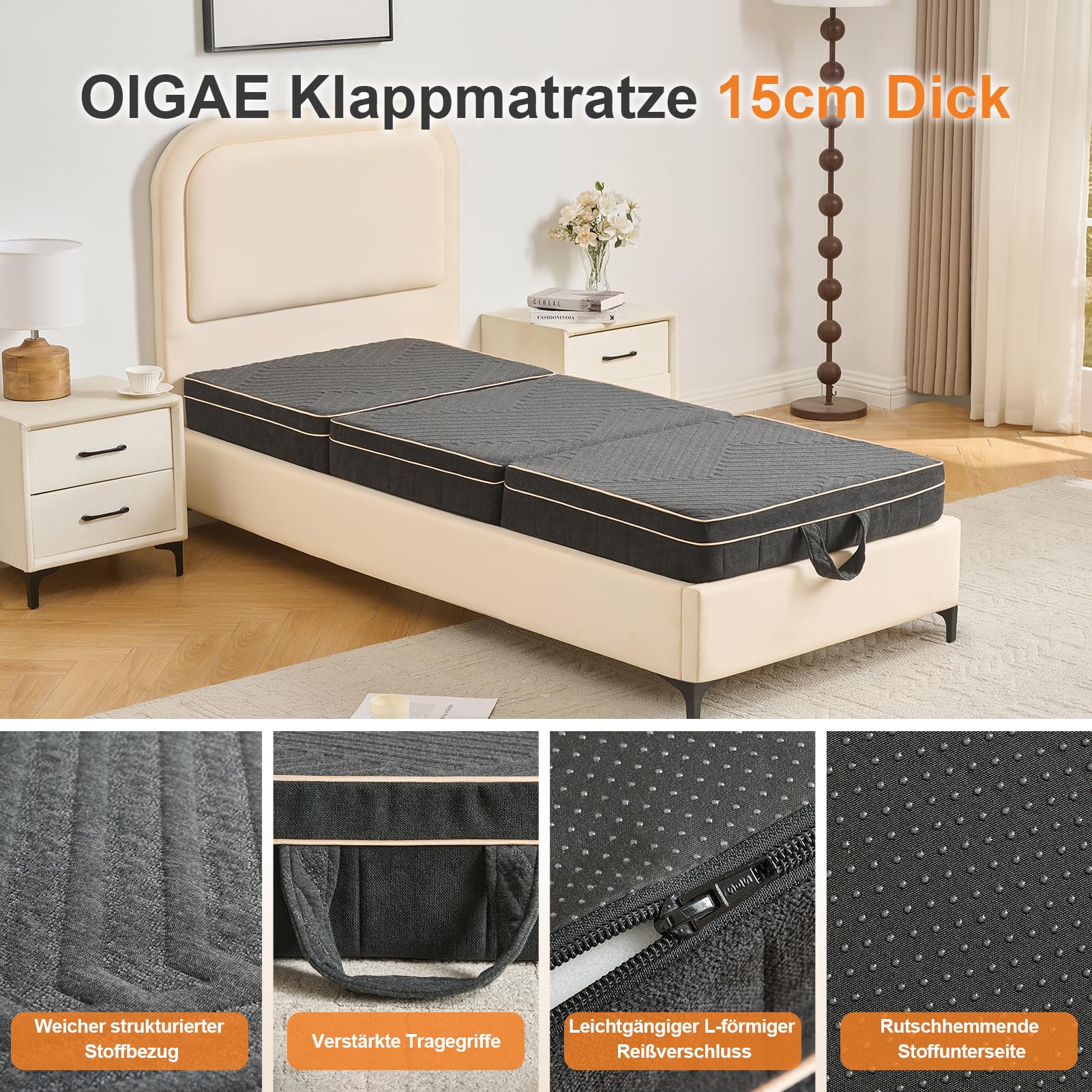 OIGAE Klappmatratze 90x200x15 cm, 3-teilige Faltmatratze mit Memory-Schaum & Stützschaum, Faltbare Bodenmatratze für Zuhause, Reise & Camping, waschbarer Bezug, Tragegriffe, Dunkelgrau